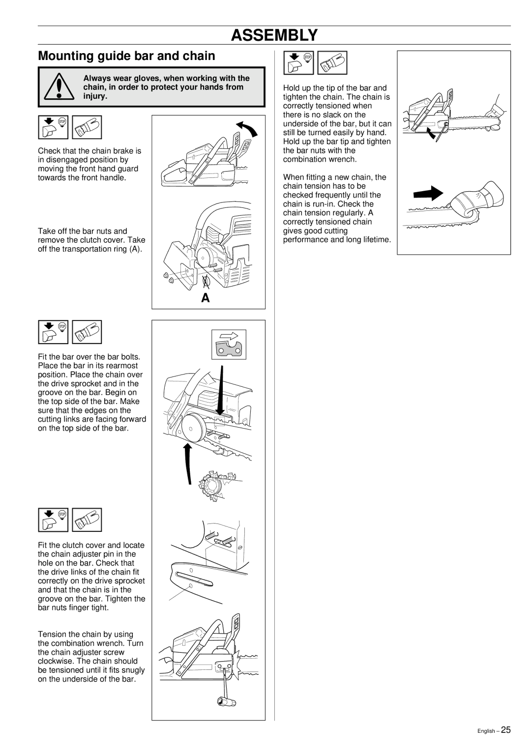 Husqvarna 355 manual Assembly, Mounting guide bar and chain 