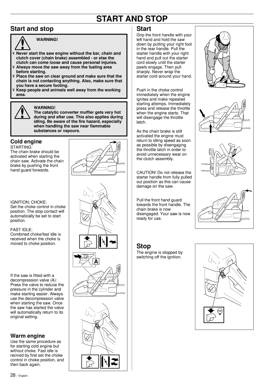 Husqvarna 355 manual Start and Stop, Start and stop 