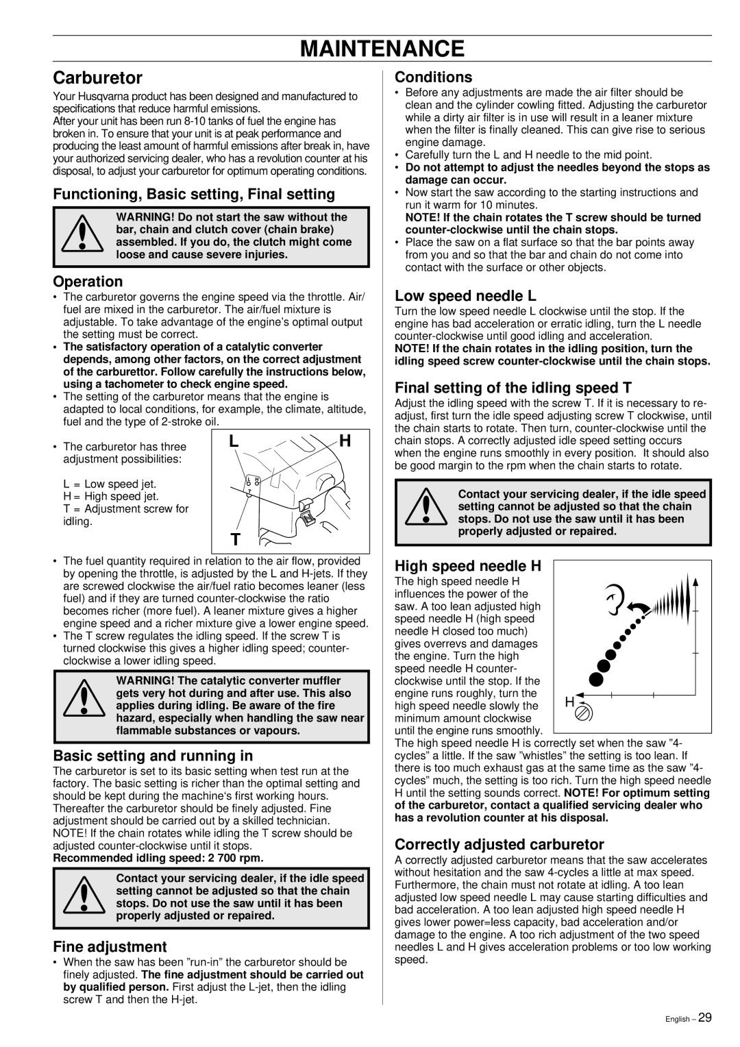 Husqvarna 355 manual Maintenance, Carburetor 