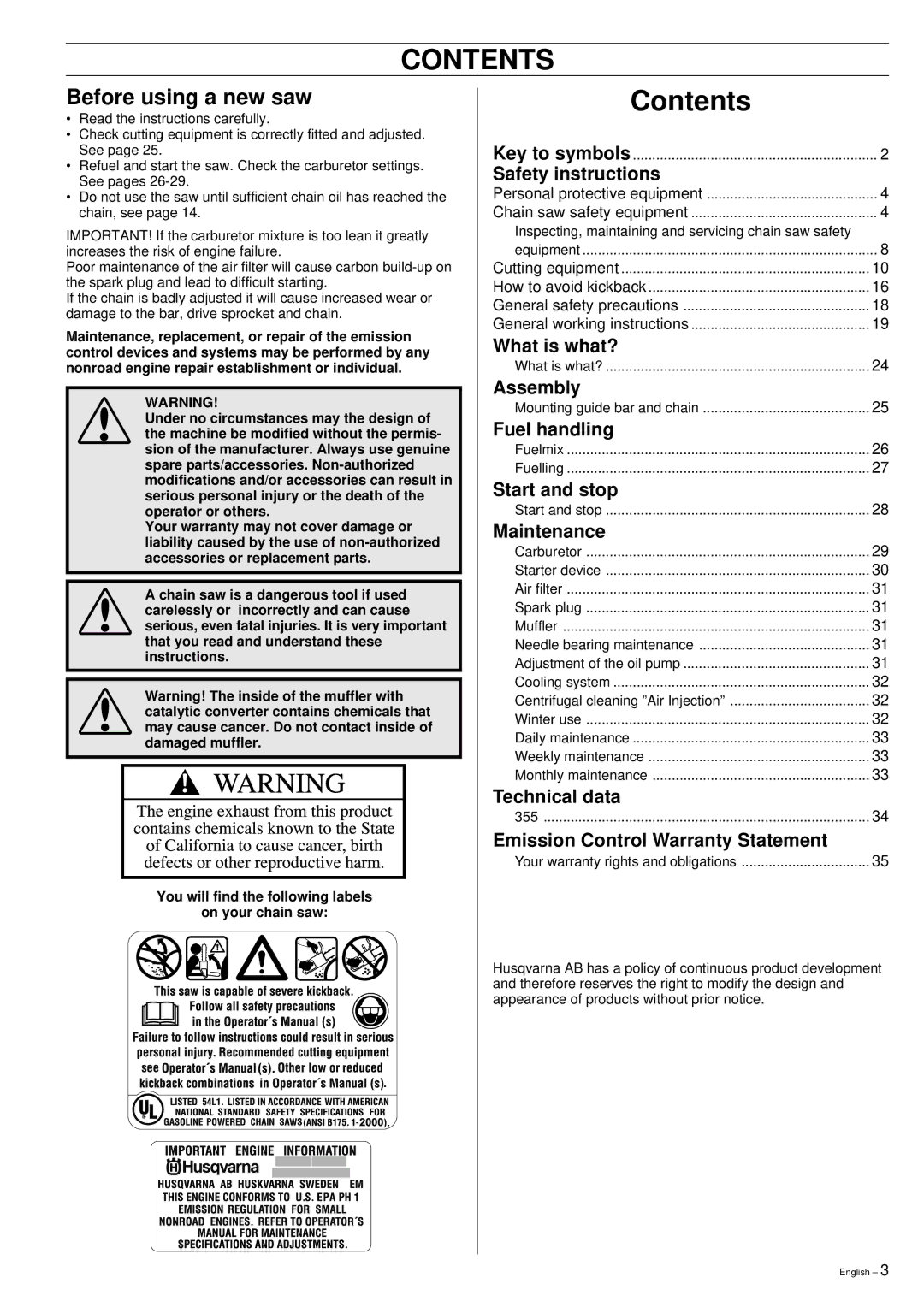 Husqvarna 355 manual Contents 