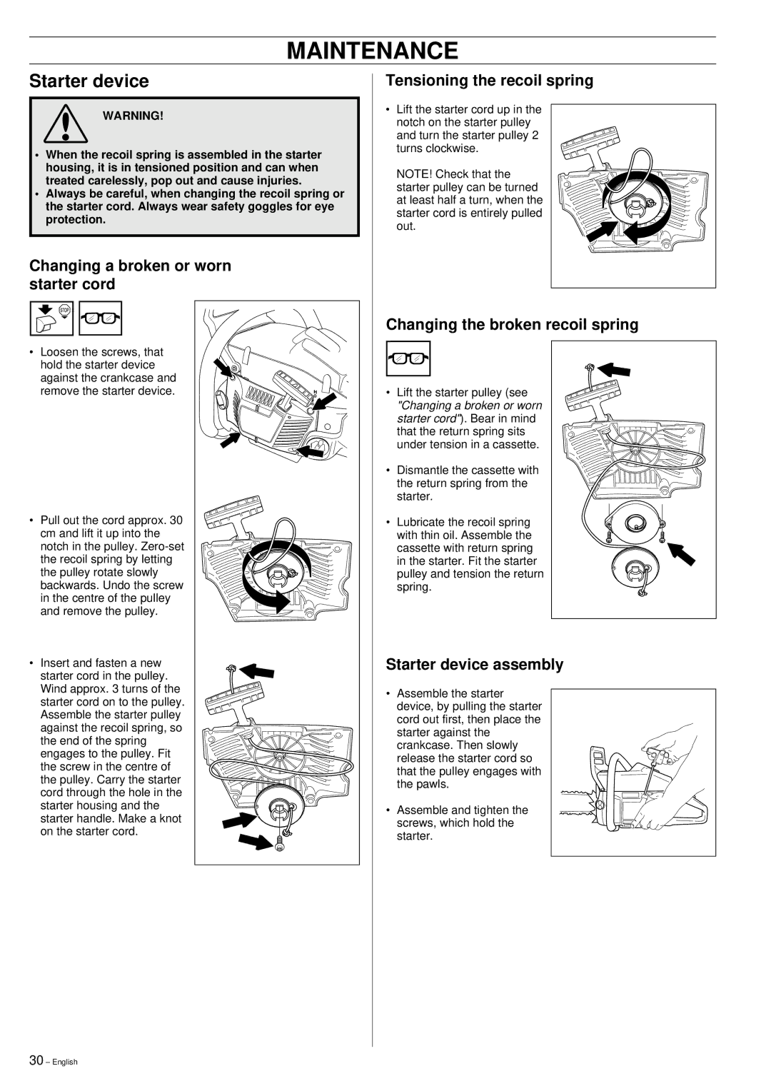 Husqvarna 355 manual Starter device, Changing a broken or worn starter cord, Tensioning the recoil spring 