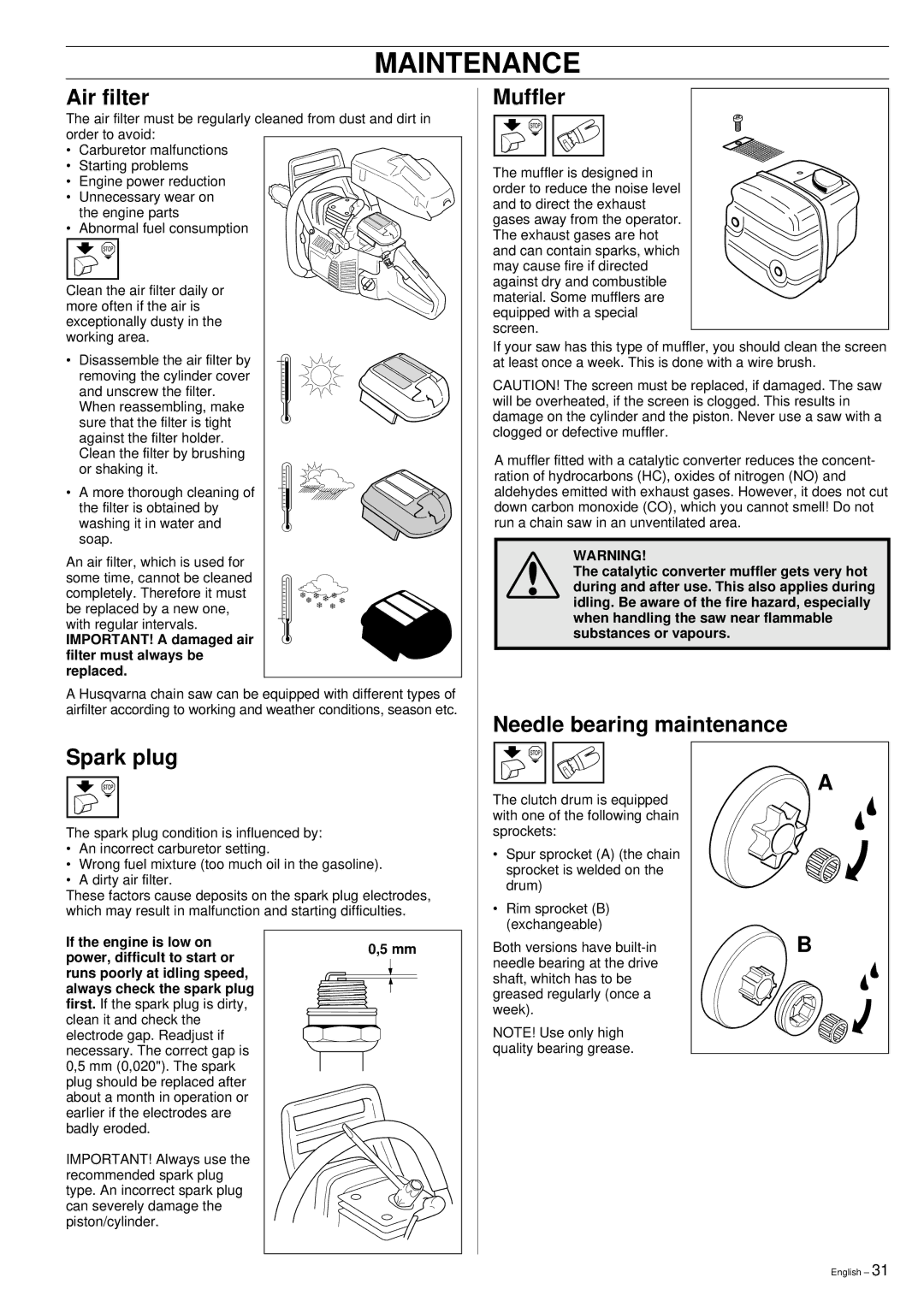 Husqvarna 355 manual Air filter, Muffler, Needle bearing maintenance Spark plug 