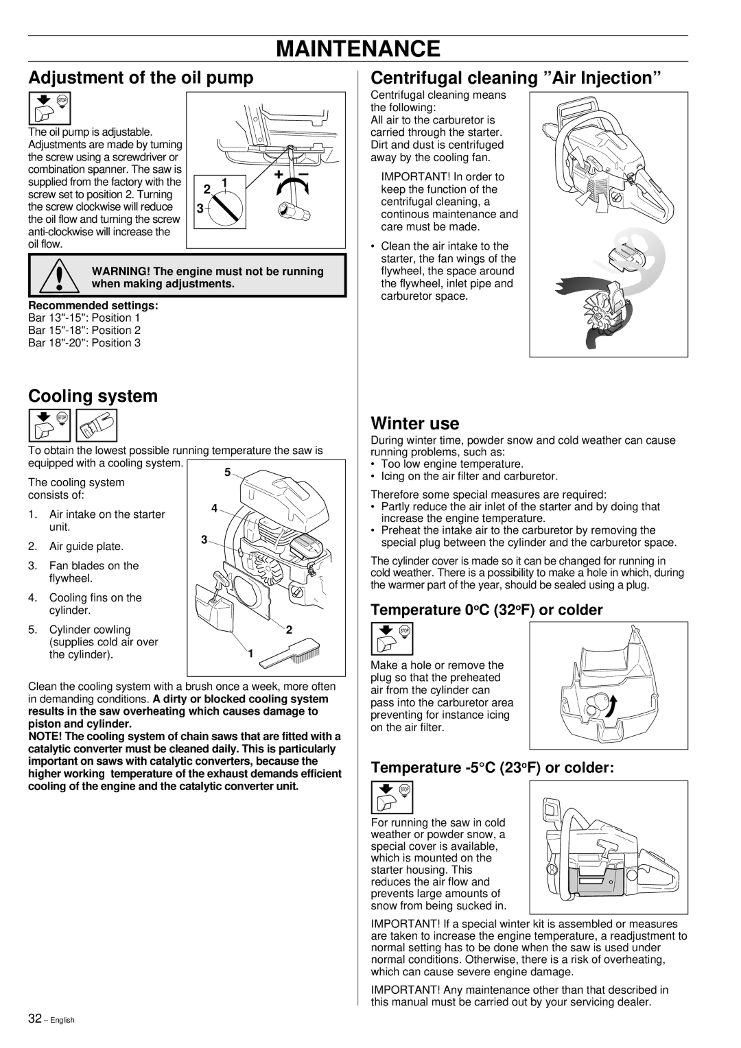 Husqvarna 355 manual Adjustment of the oil pump, Cooling system, Centrifugal cleaning Air Injection, Winter use 