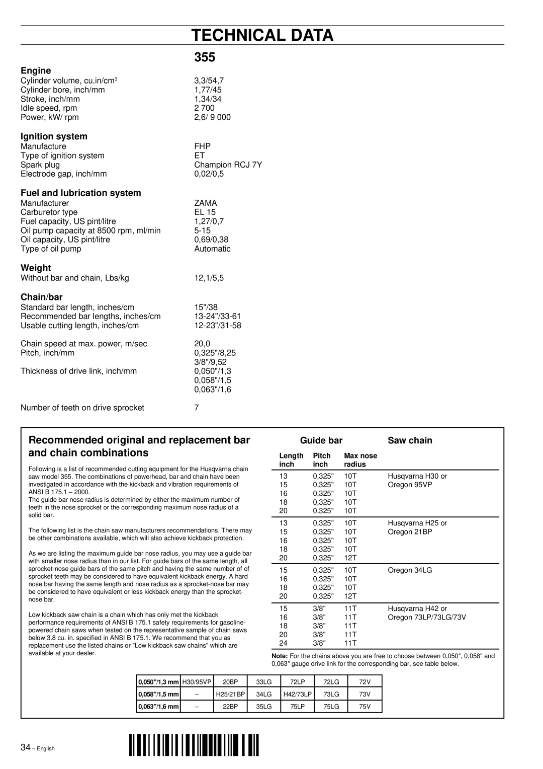 Husqvarna 355 manual Technical Data 