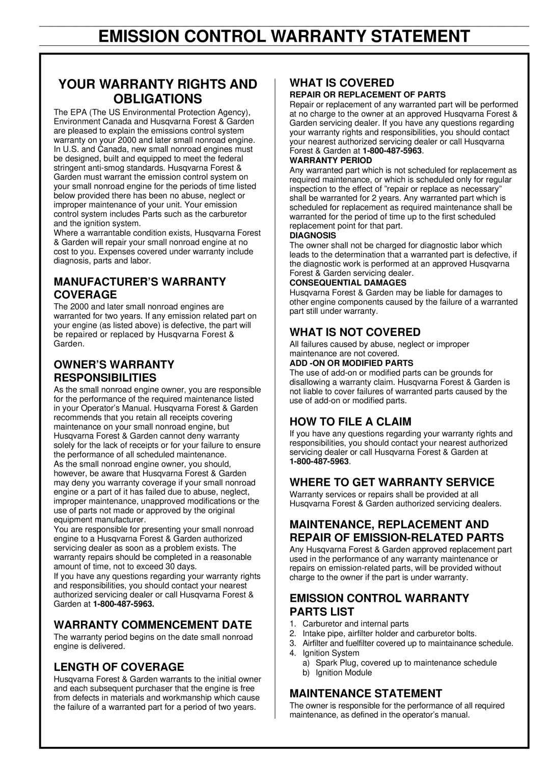 Husqvarna 355 manual Emission Control Warranty Statement, Your Warranty Rights Obligations 