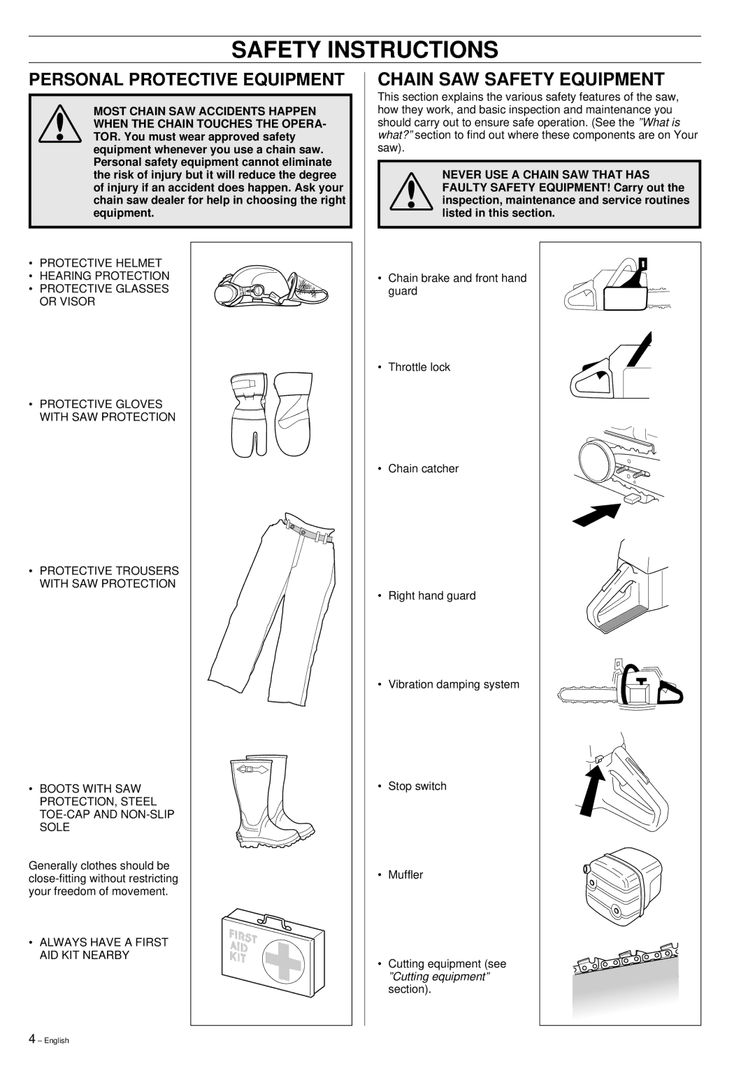 Husqvarna 355 manual Safety Instructions, Chain SAW Safety Equipment 