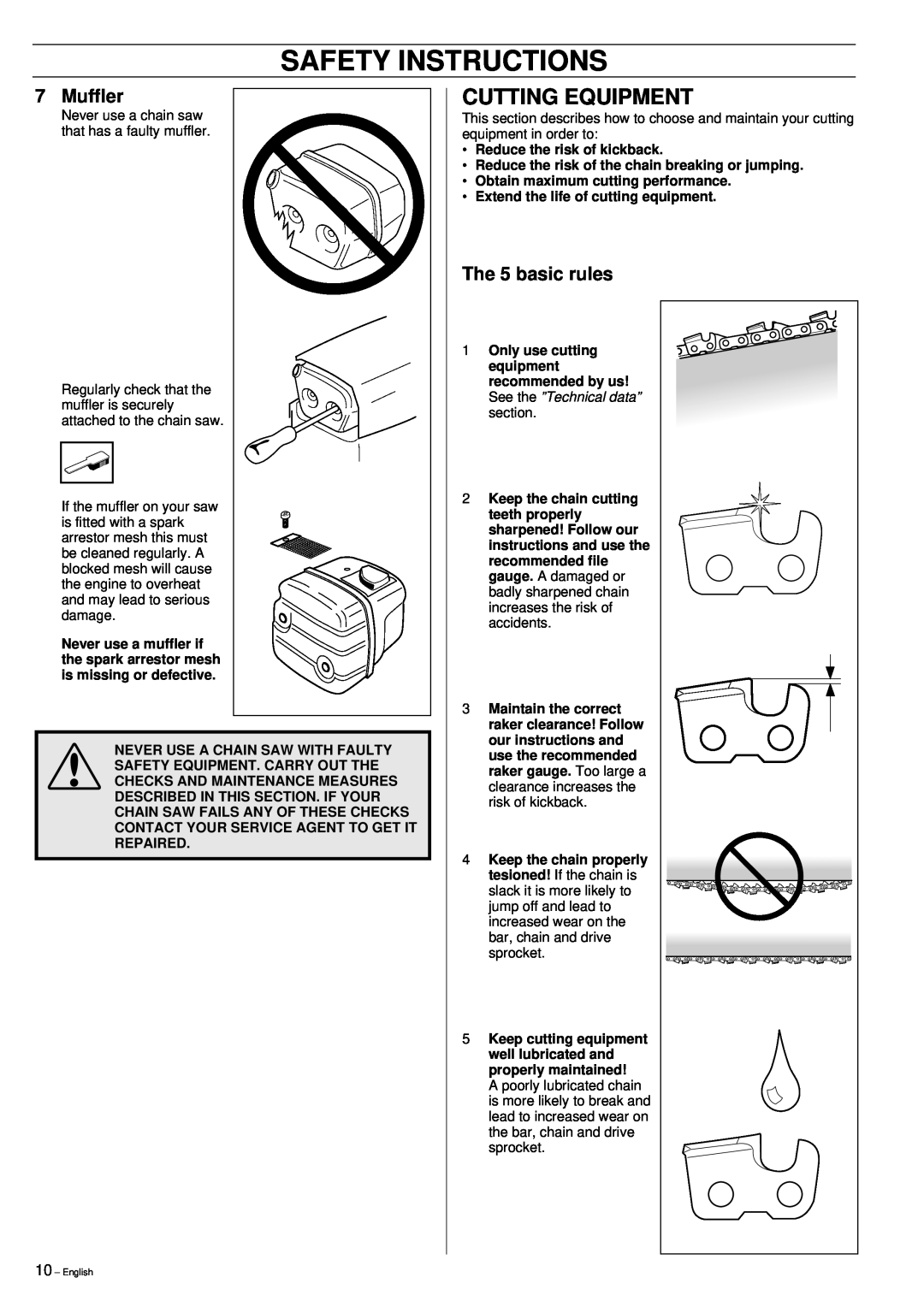 Husqvarna 355 manual Cutting Equipment, The 5 basic rules, Safety Instructions, Muffler 