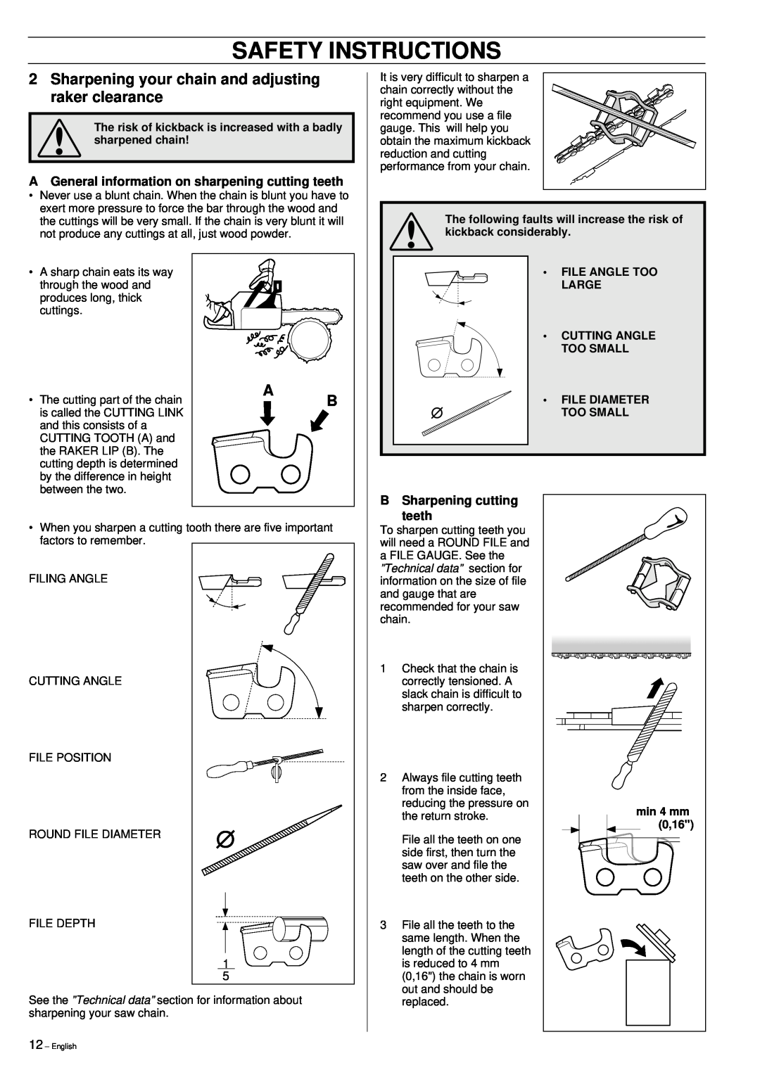 Husqvarna 355 manual AGeneral information on sharpening cutting teeth, B Sharpening cutting teeth, Safety Instructions 