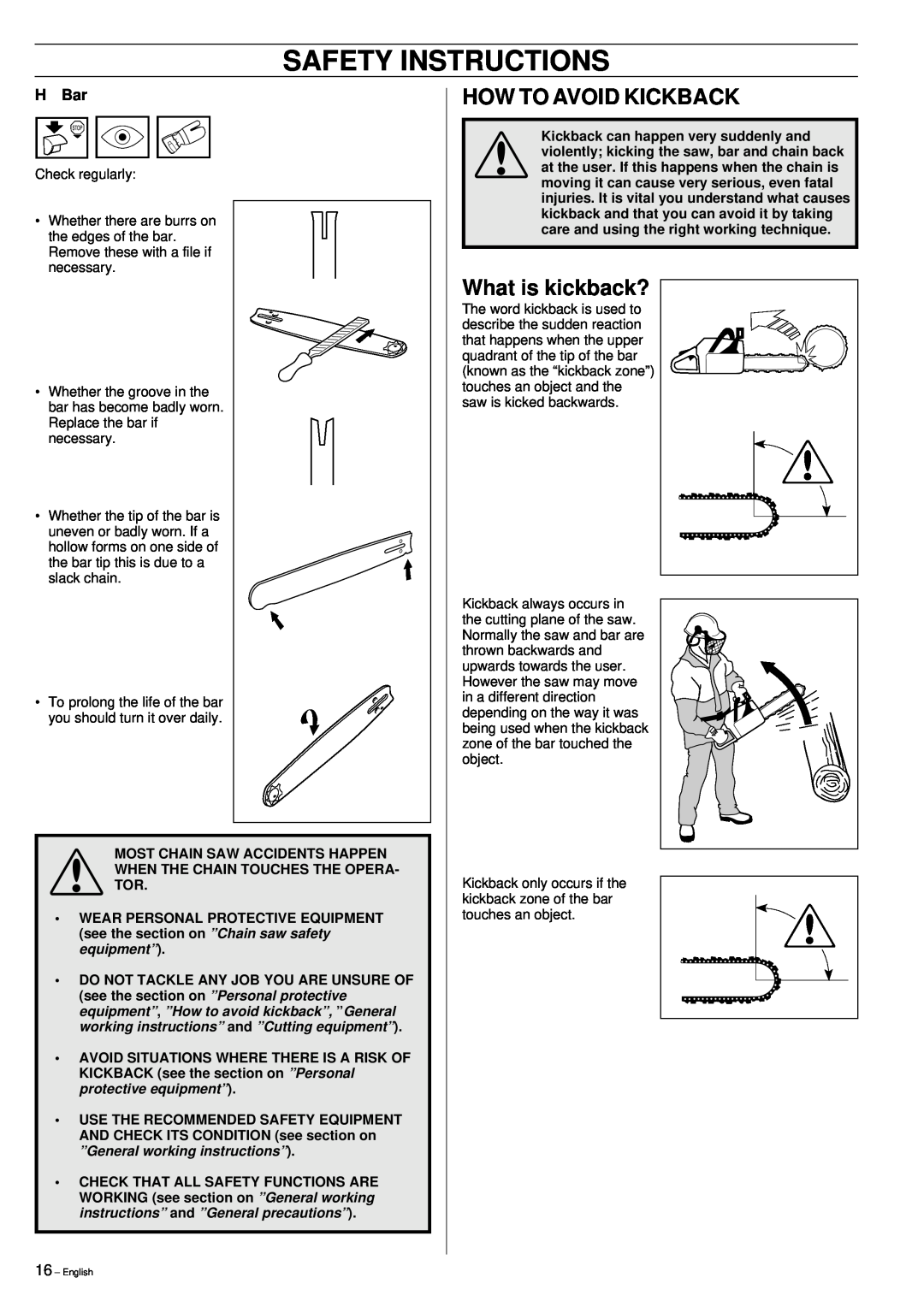 Husqvarna 355 manual How To Avoid Kickback, What is kickback?, H Bar, Safety Instructions 