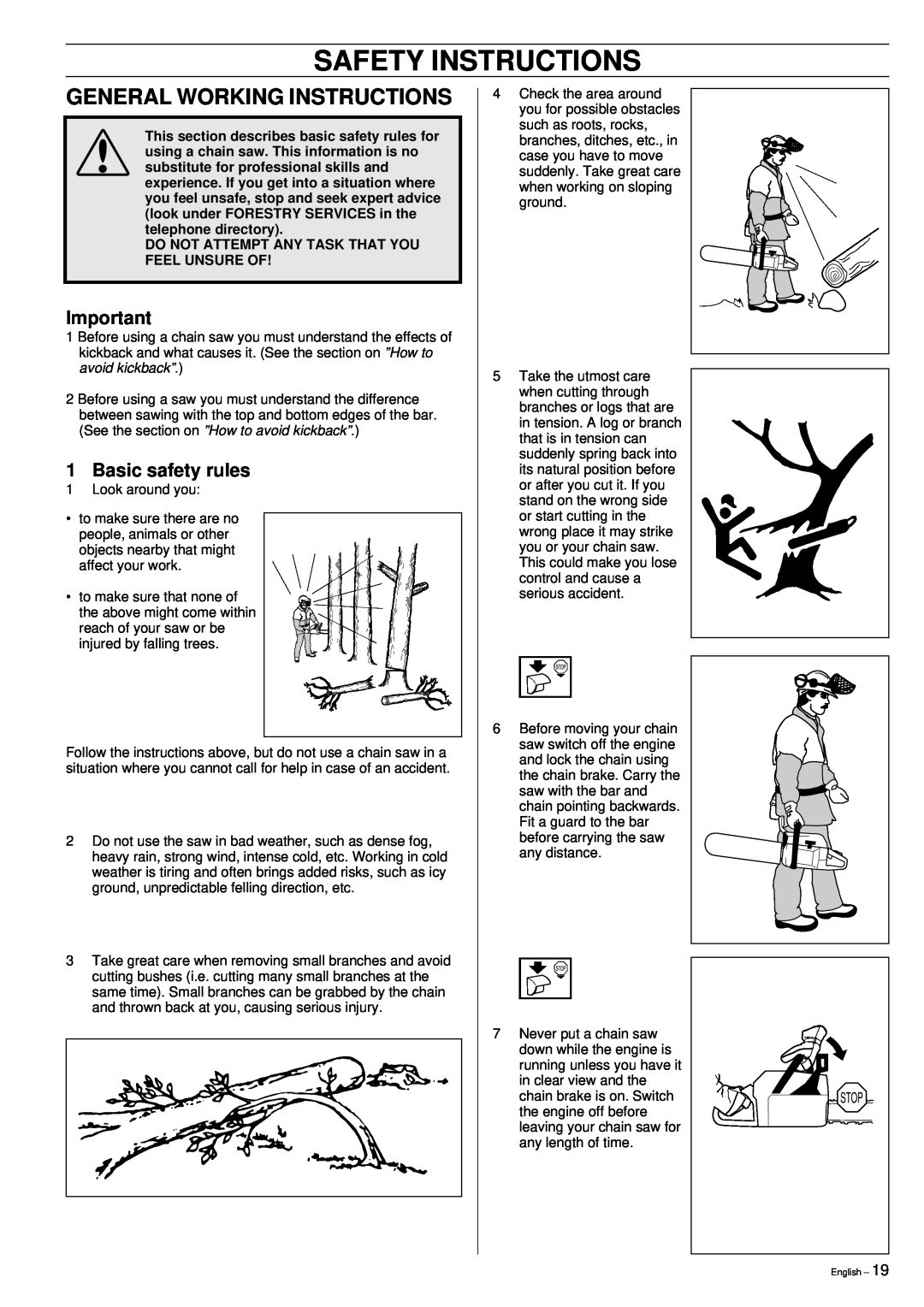 Husqvarna 355 manual General Working Instructions, Basic safety rules, Safety Instructions 