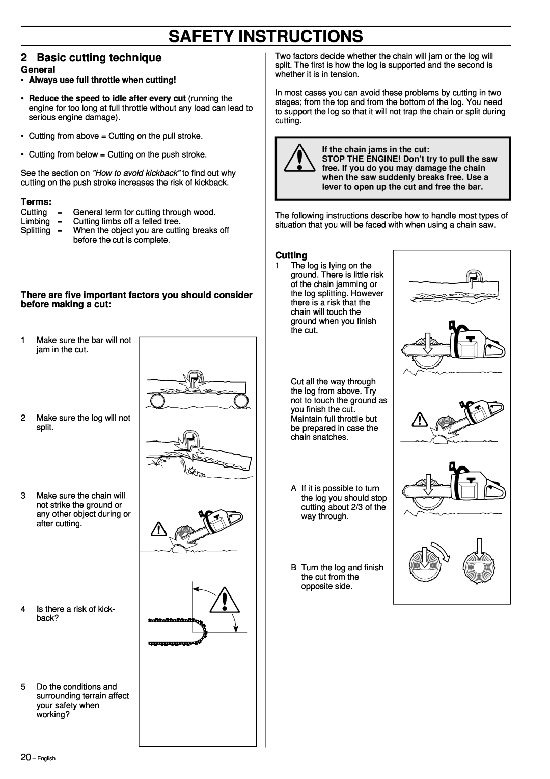Husqvarna 355 manual Basic cutting technique, General, Terms, Cutting, Safety Instructions 