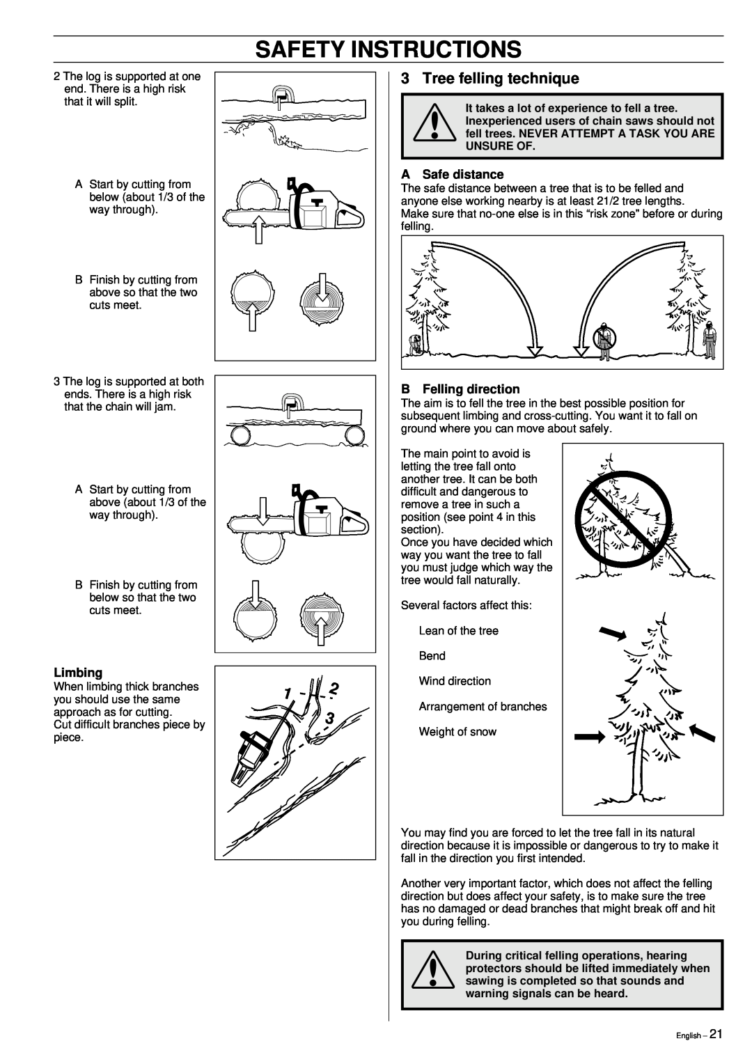 Husqvarna 355 manual Tree felling technique, A Safe distance, Limbing, B Felling direction, Safety Instructions 