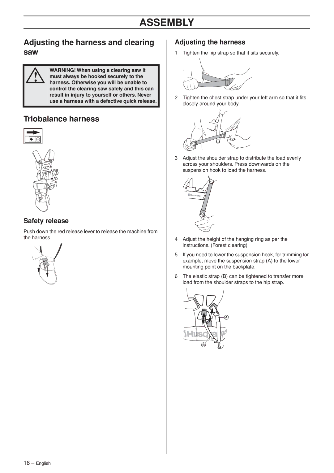 Husqvarna 355FX, 355FXT, 355RX, 355FRM manual Adjusting the harness and clearing saw, Triobalance harness, Safety release 