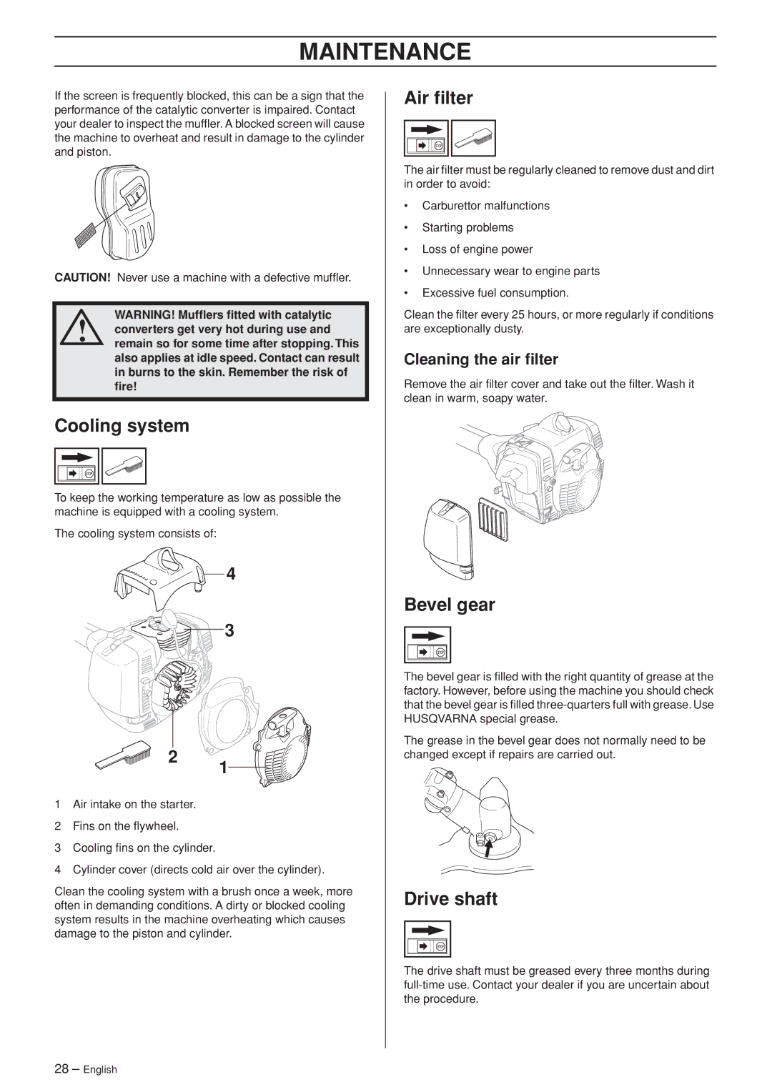 Husqvarna 355FX, 355FXT, 355RX, 355FRM manual Cooling system, Air ﬁlter, Bevel gear, Drive shaft, Cleaning the air ﬁlter 