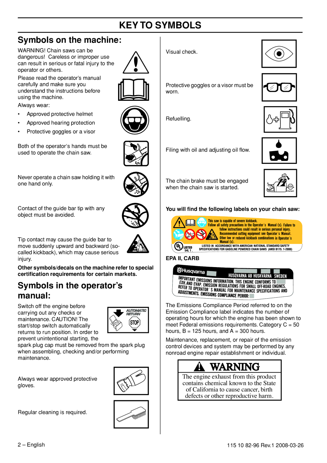 Husqvarna 355RX, 355FXT, 355FRM KEY to Symbols, Symbols on the machine, Symbols in the operator’s manual 