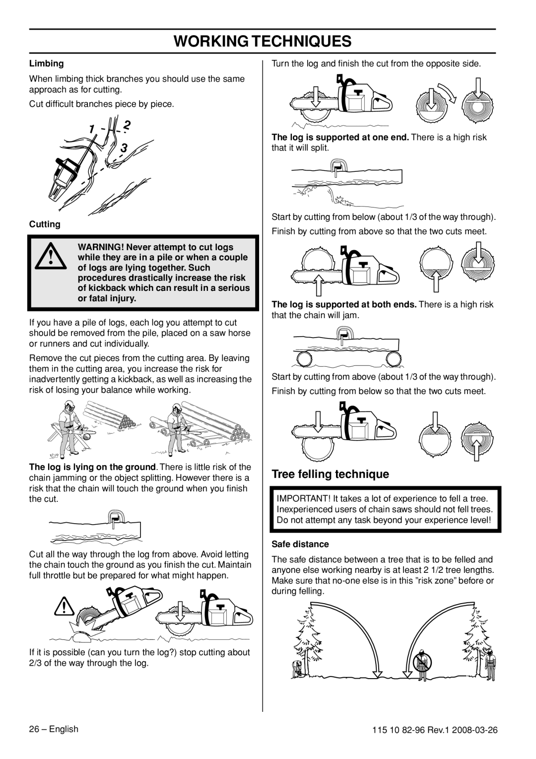 Husqvarna 355FX, 355RX Tree felling technique, Limbing, Log is supported at one end. There is a high risk, Safe distance 