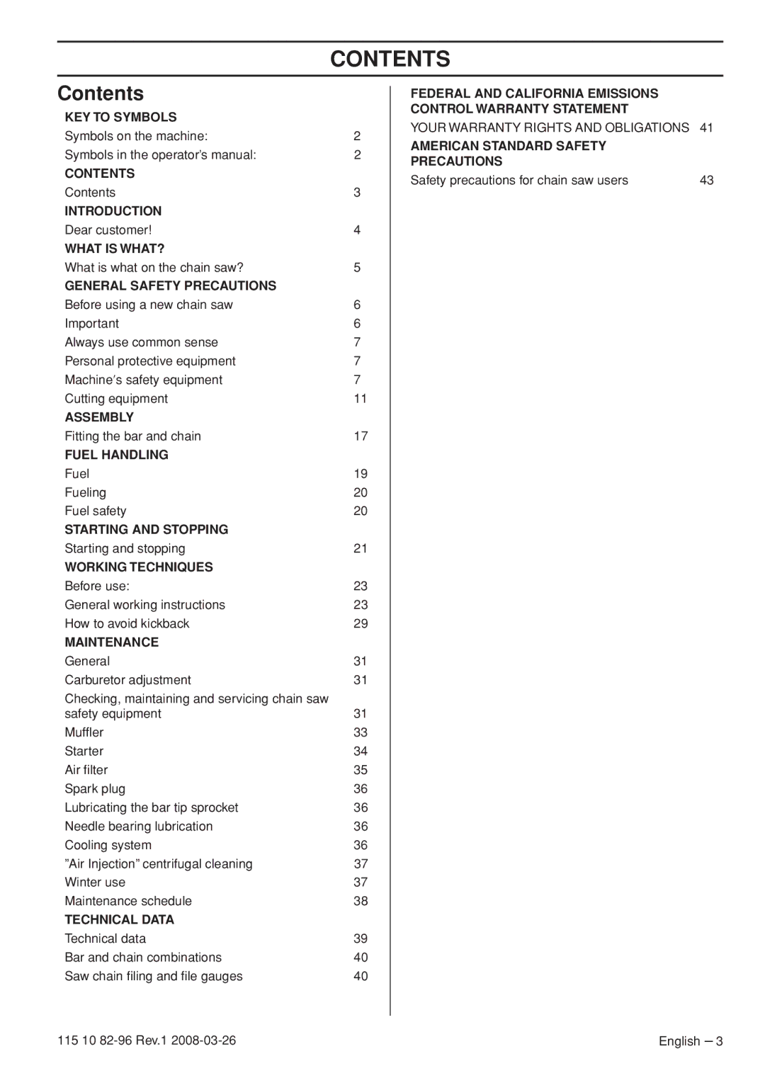 Husqvarna 355FRM, 355RX, 355FXT manual Contents 