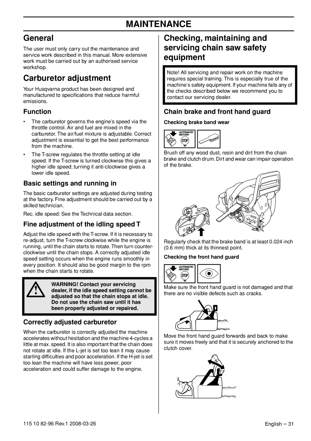 Husqvarna 355FRM, 355RX, 355FXT manual Maintenance, General, Carburetor adjustment 