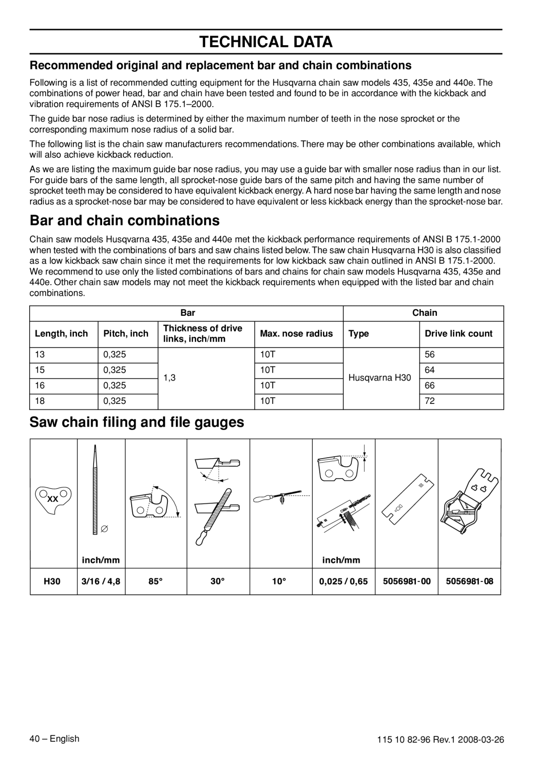 Husqvarna 355RX, 355FXT, 355FRM manual Bar and chain combinations, Saw chain ﬁling and ﬁle gauges 