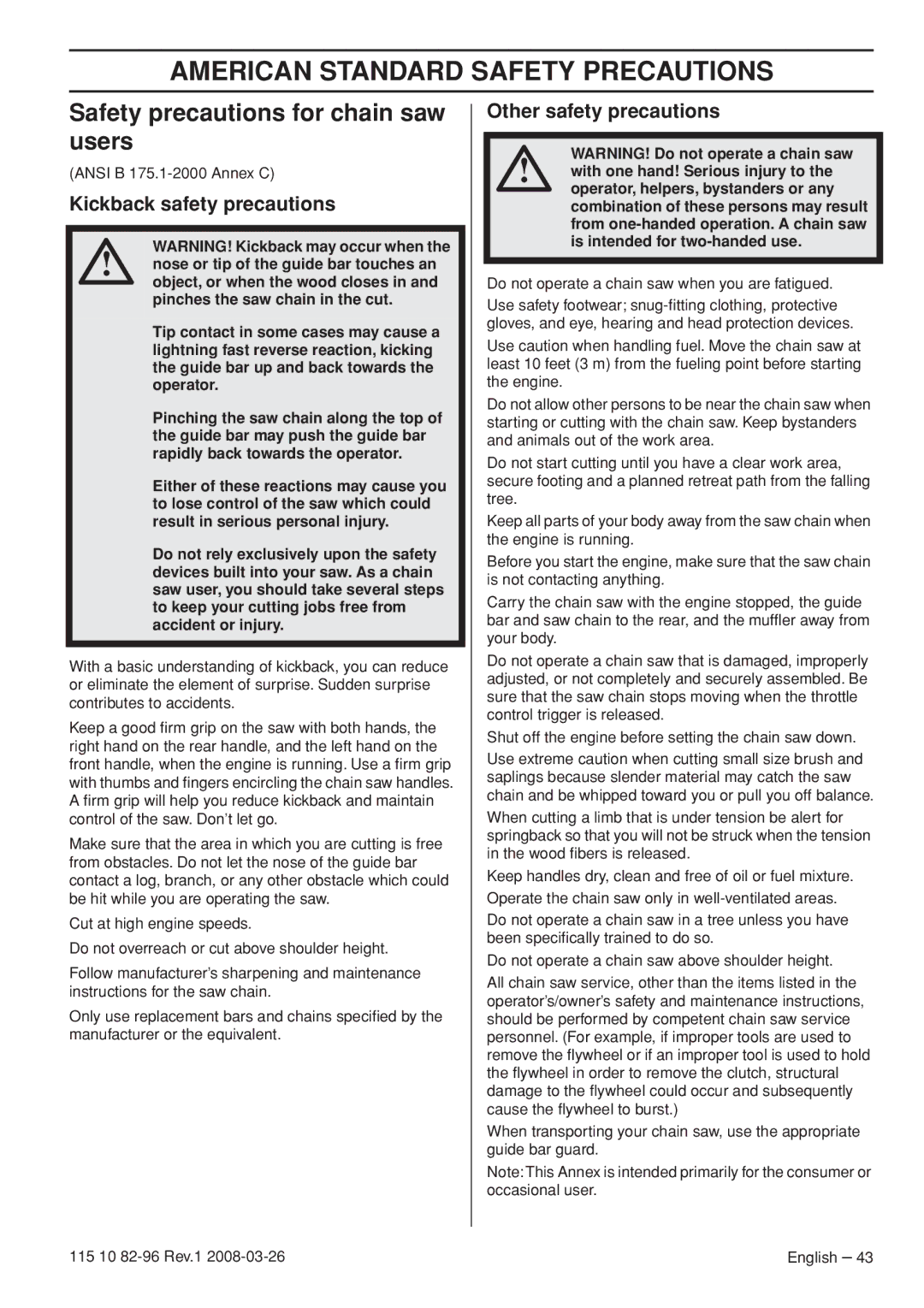 Husqvarna 355FRM American Standard Safety Precautions, Safety precautions for chain saw users, Kickback safety precautions 