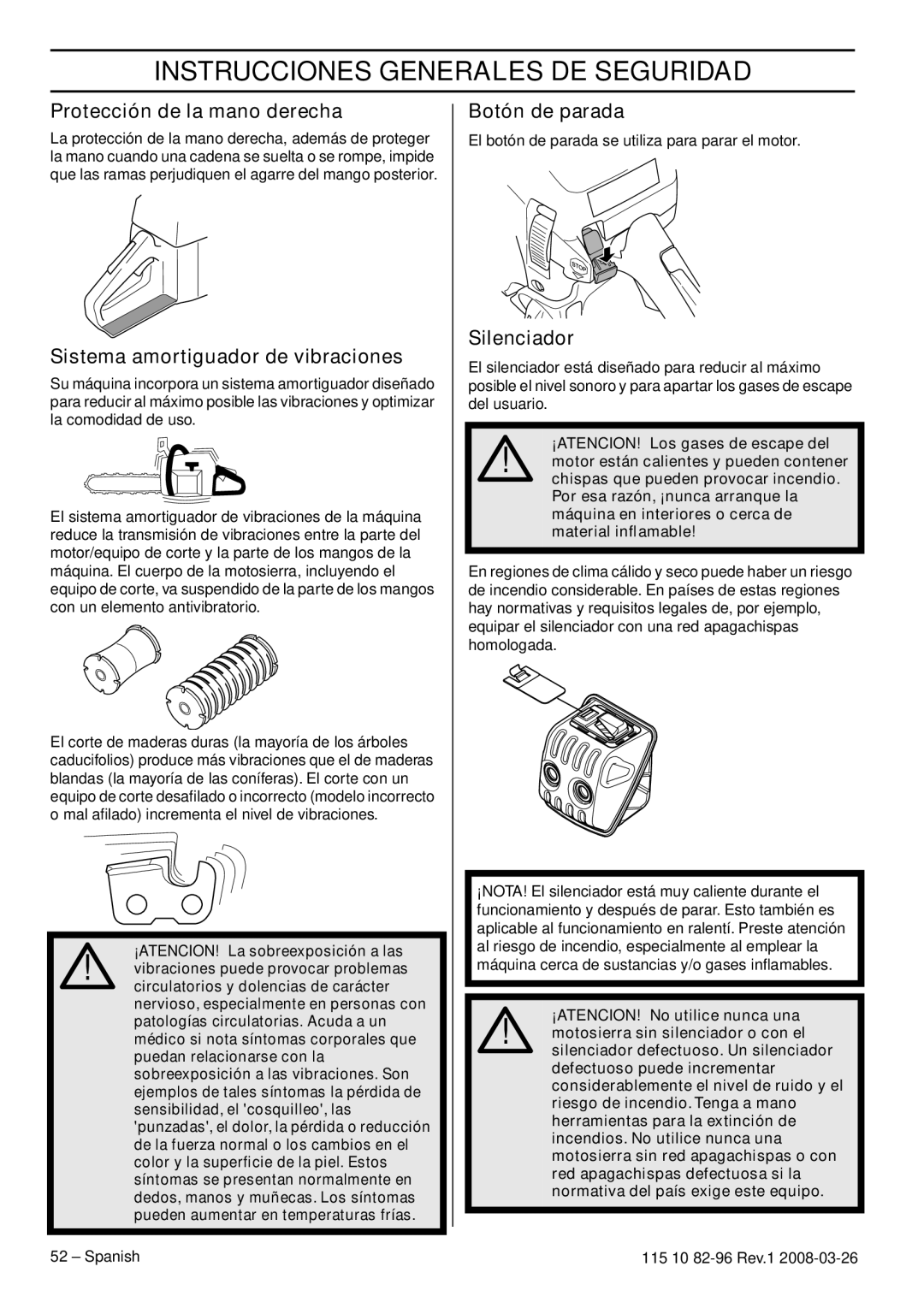 Husqvarna 355RX, 355FXT Protección de la mano derecha, Sistema amortiguador de vibraciones, Botón de parada, Silenciador 