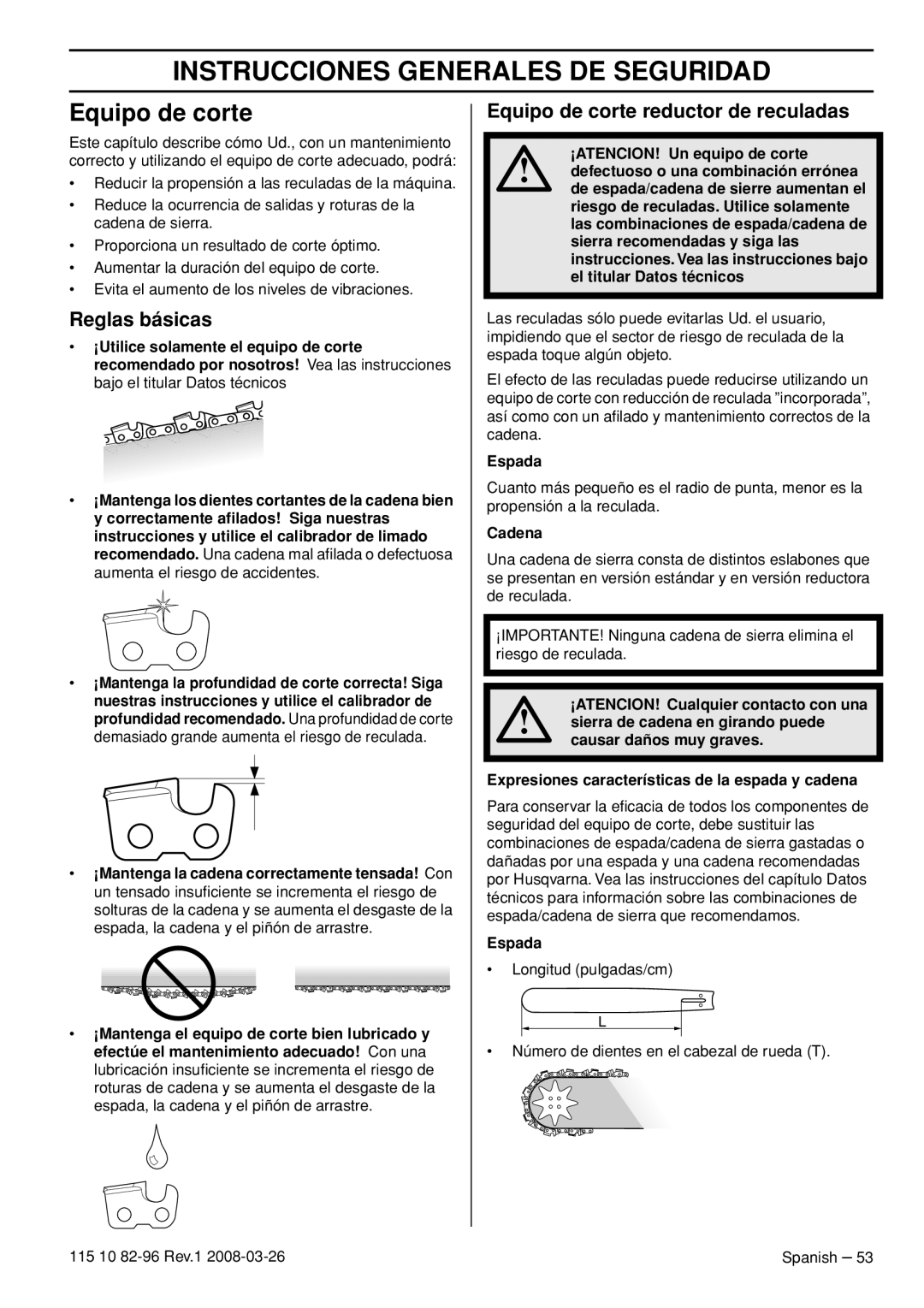 Husqvarna 355FXT, 355RX, 355FRM manual Reglas básicas, Equipo de corte reductor de reculadas, Espada, Cadena 