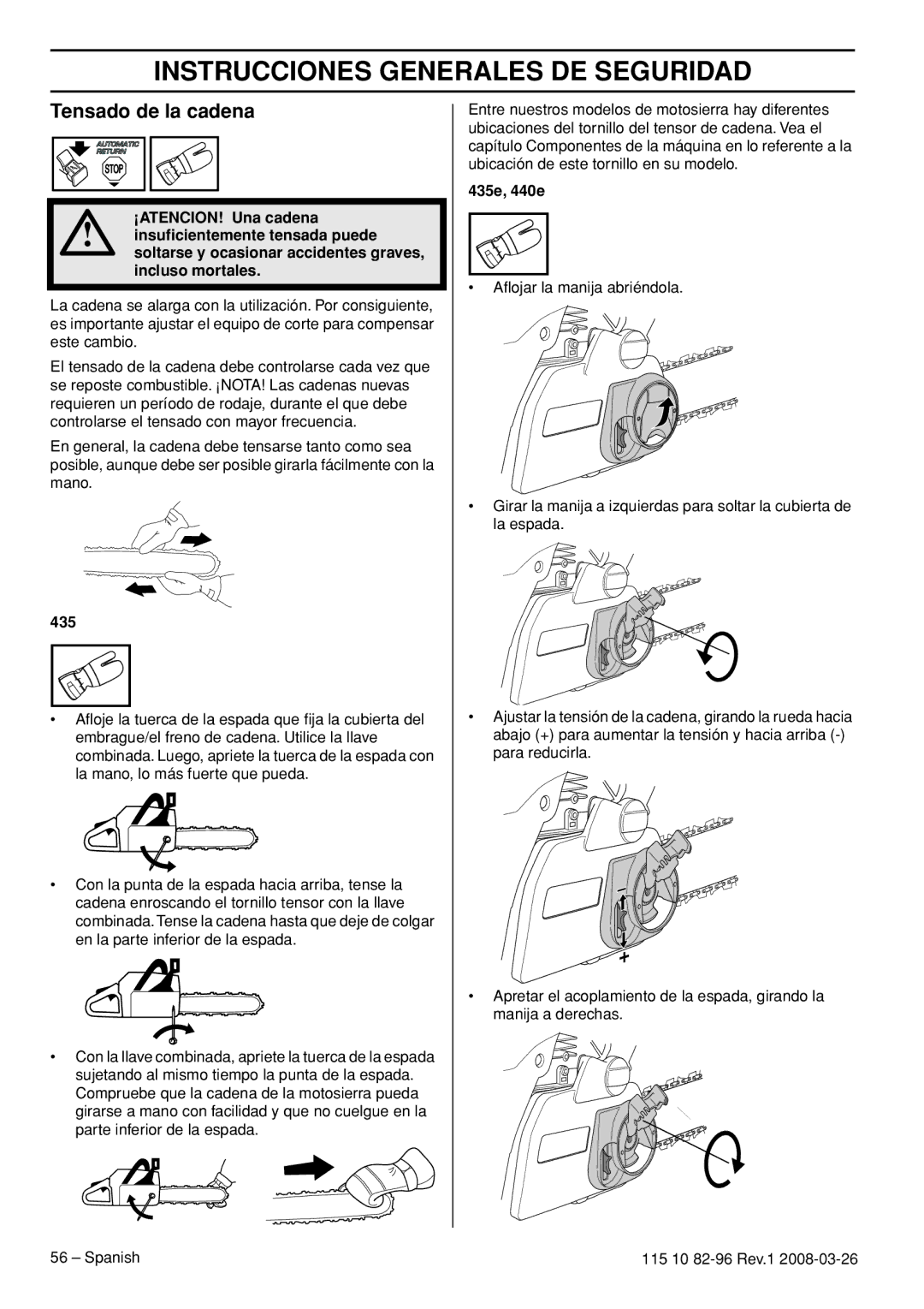 Husqvarna 355RX, 355FXT, 355FRM manual Tensado de la cadena, 435 