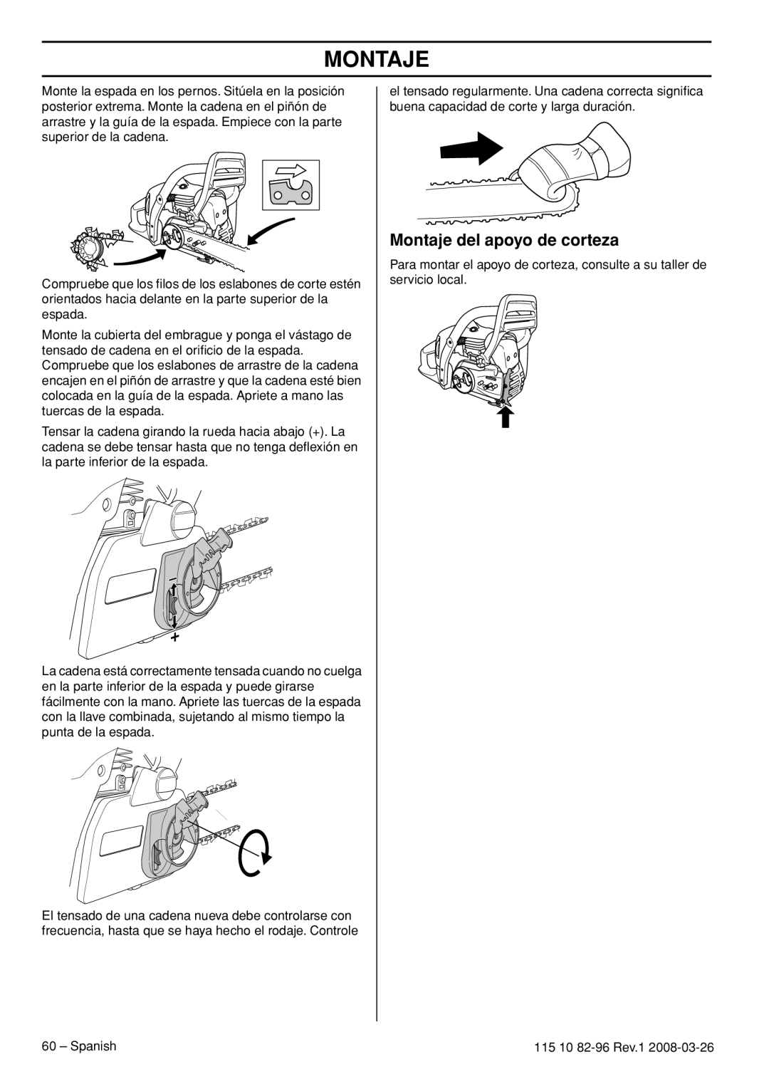 Husqvarna 355RX, 355FXT, 355FRM manual Montaje del apoyo de corteza 