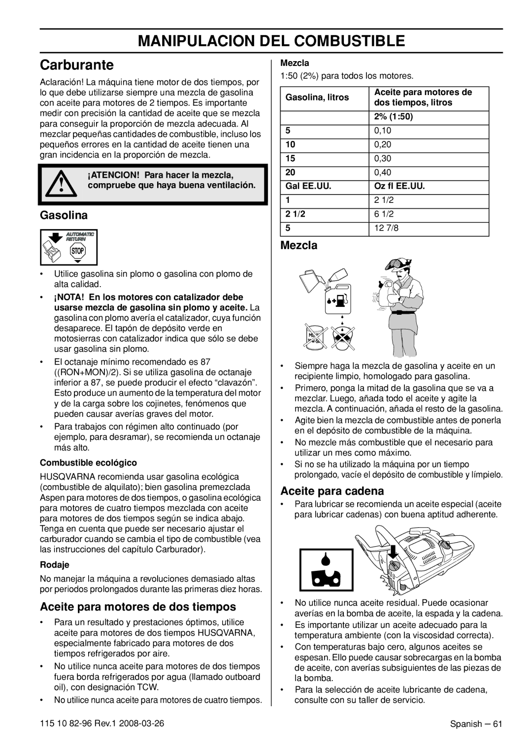 Husqvarna 355FXT, 355RX, 355FRM manual Manipulacion DEL Combustible, Carburante 