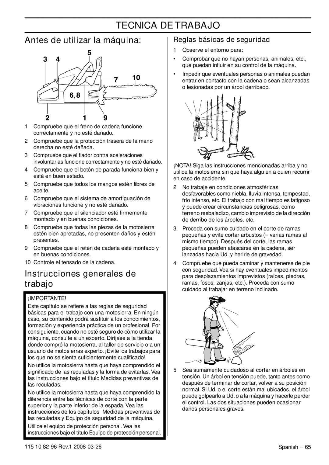 Husqvarna 355FXT, 355RX, 355FRM manual Tecnica DE Trabajo, Antes de utilizar la máquina, Instrucciones generales de trabajo 