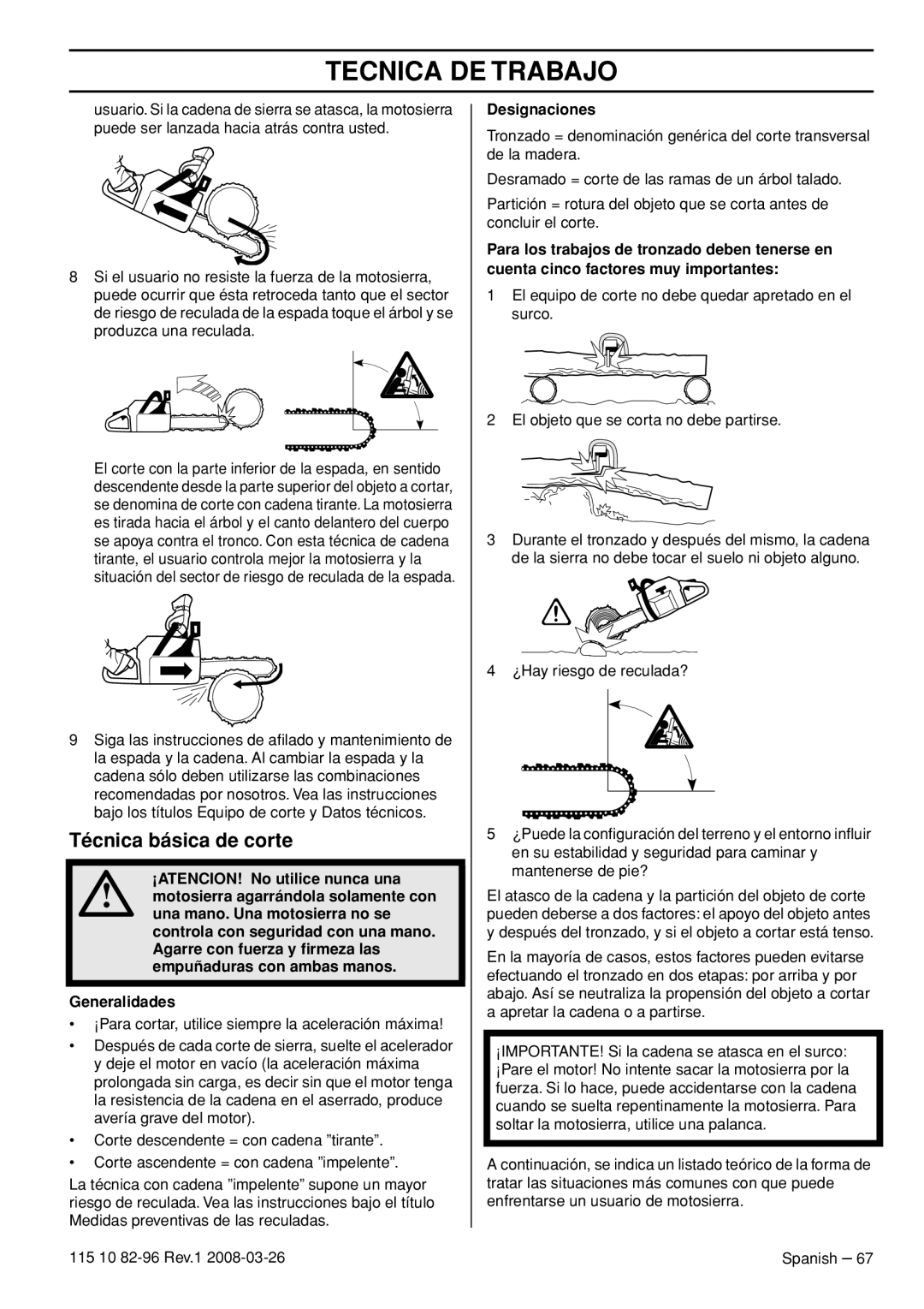 Husqvarna 355FRM, 355RX, 355FXT manual Técnica básica de corte, Designaciones 