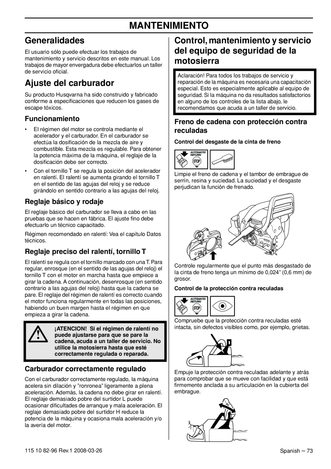 Husqvarna 355FXT, 355RX, 355FRM manual Mantenimiento, Generalidades, Ajuste del carburador 