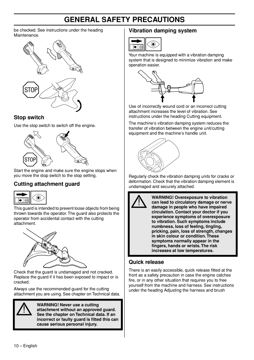 Husqvarna 355RX, 355FXT, 355FRM manual Stop switch, Cutting attachment guard, Vibration damping system, Quick release 