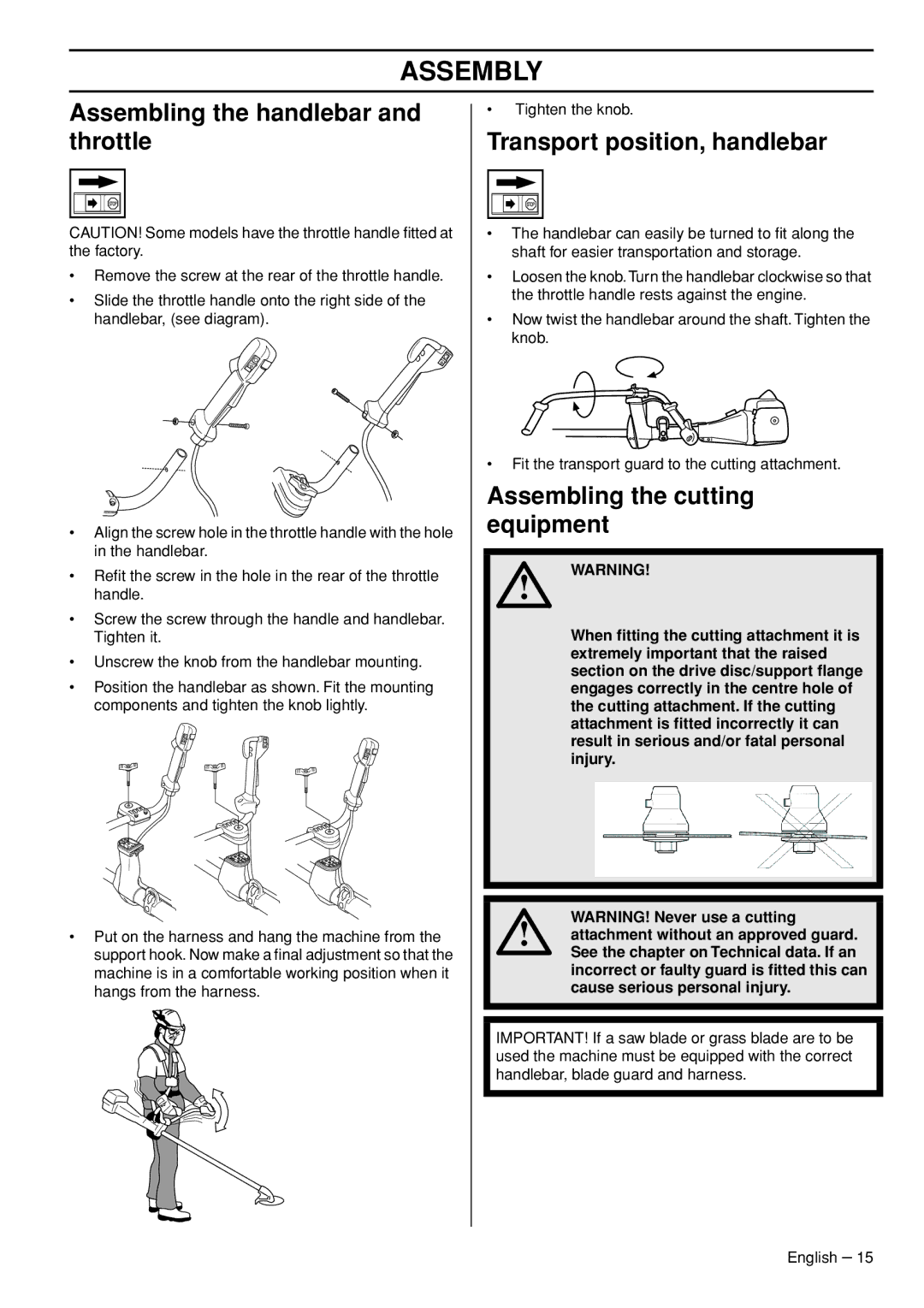 Husqvarna 355FRM, 355RX, 355FXT manual Assembly, Assembling the handlebar and throttle, Transport position, handlebar 