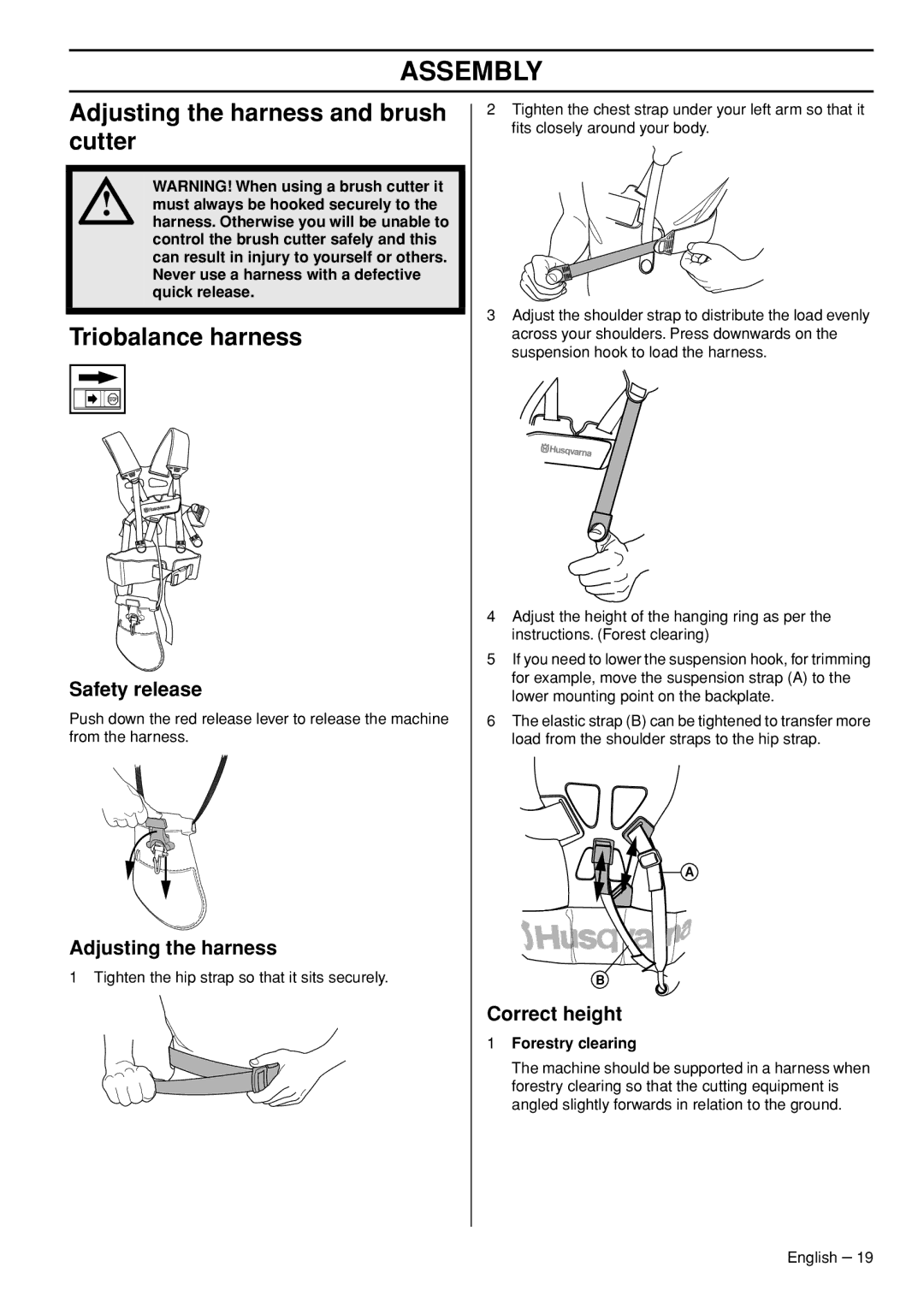 Husqvarna 355FRM, 355RX, 355FXT Adjusting the harness and brush cutter, Triobalance harness, Safety release, Correct height 