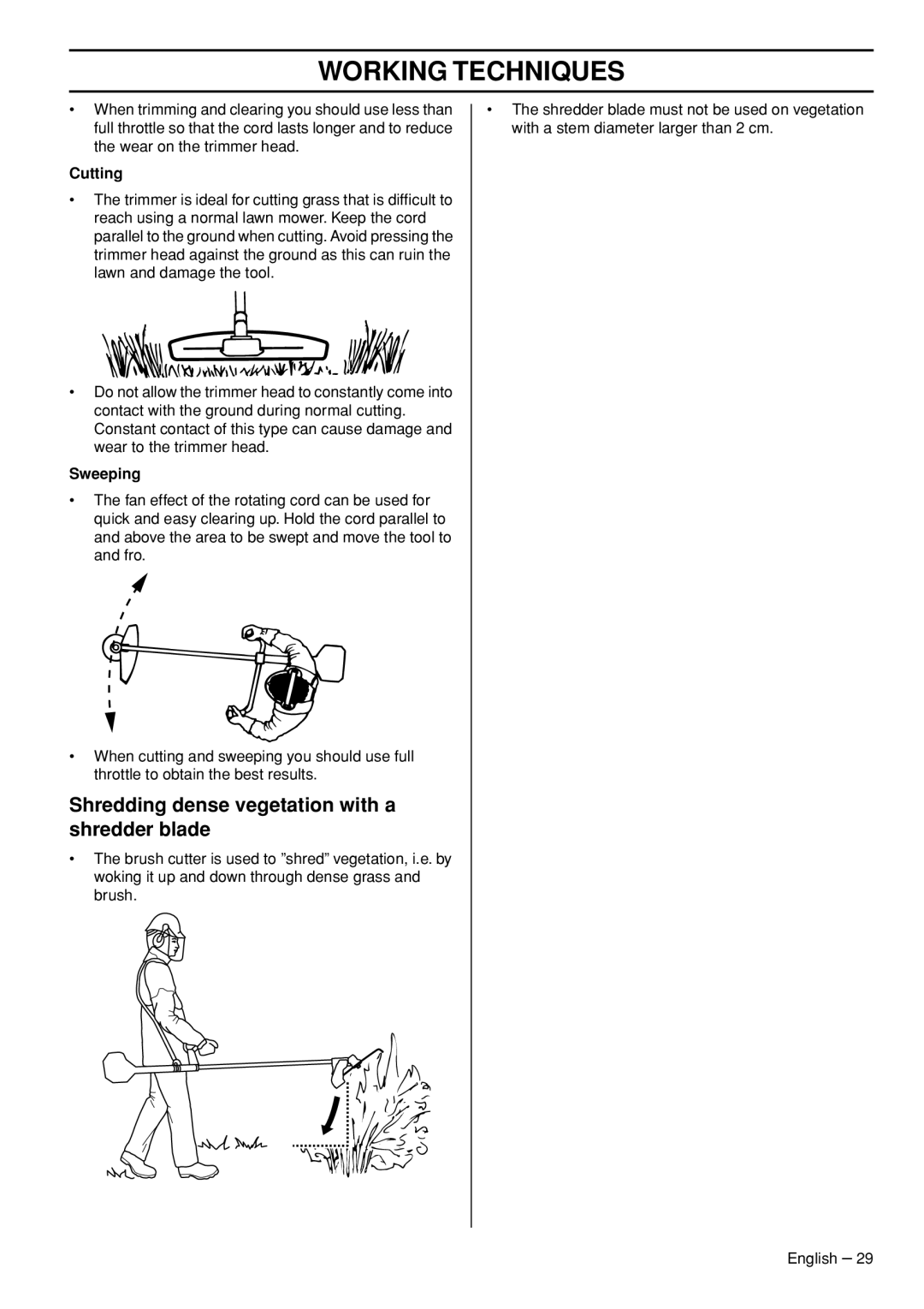 Husqvarna 355FXT, 355RX, 355FRM manual Shredding dense vegetation with a shredder blade, Cutting, Sweeping 