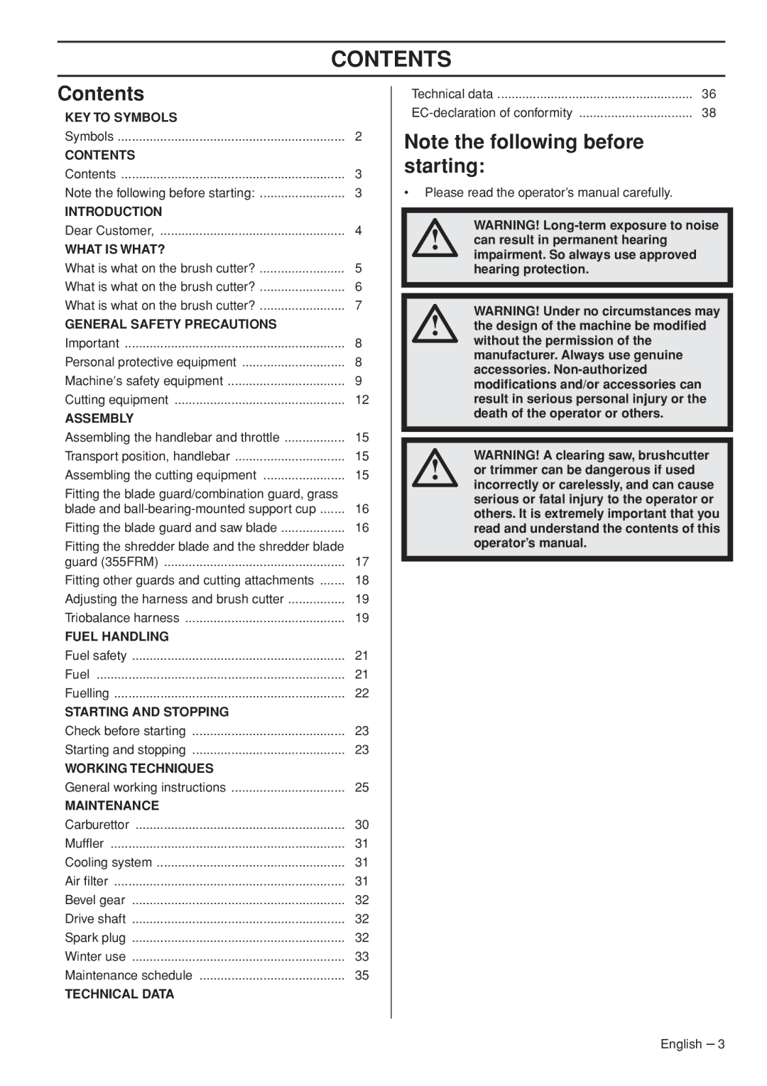 Husqvarna 355FRM, 355RX, 355FXT manual Contents 