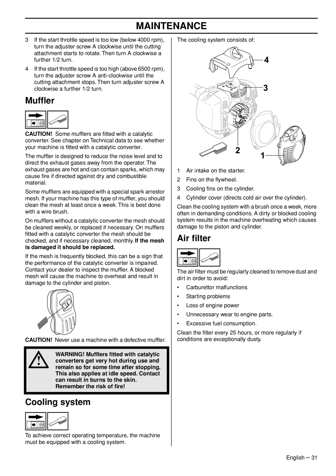 Husqvarna 355FRM, 355RX, 355FXT manual Mufﬂer, Cooling system, Air ﬁlter, Is damaged it should be replaced 