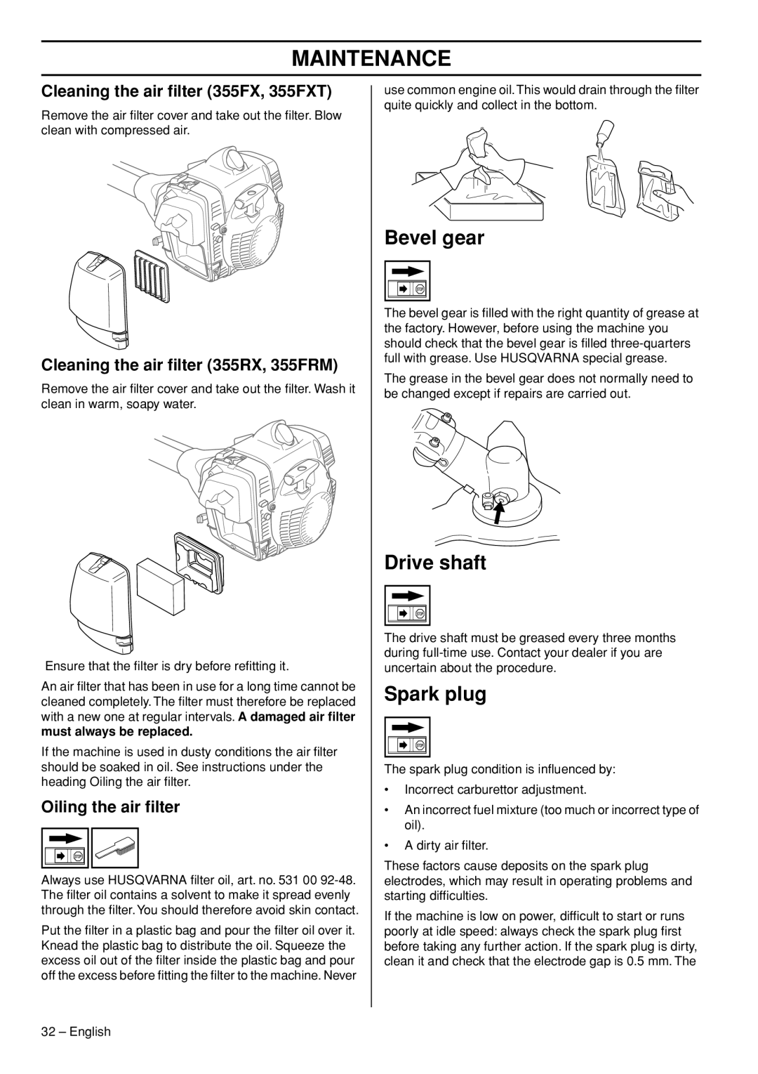 Husqvarna 355RX, 355FXT, 355FRM manual Bevel gear, Drive shaft, Spark plug 