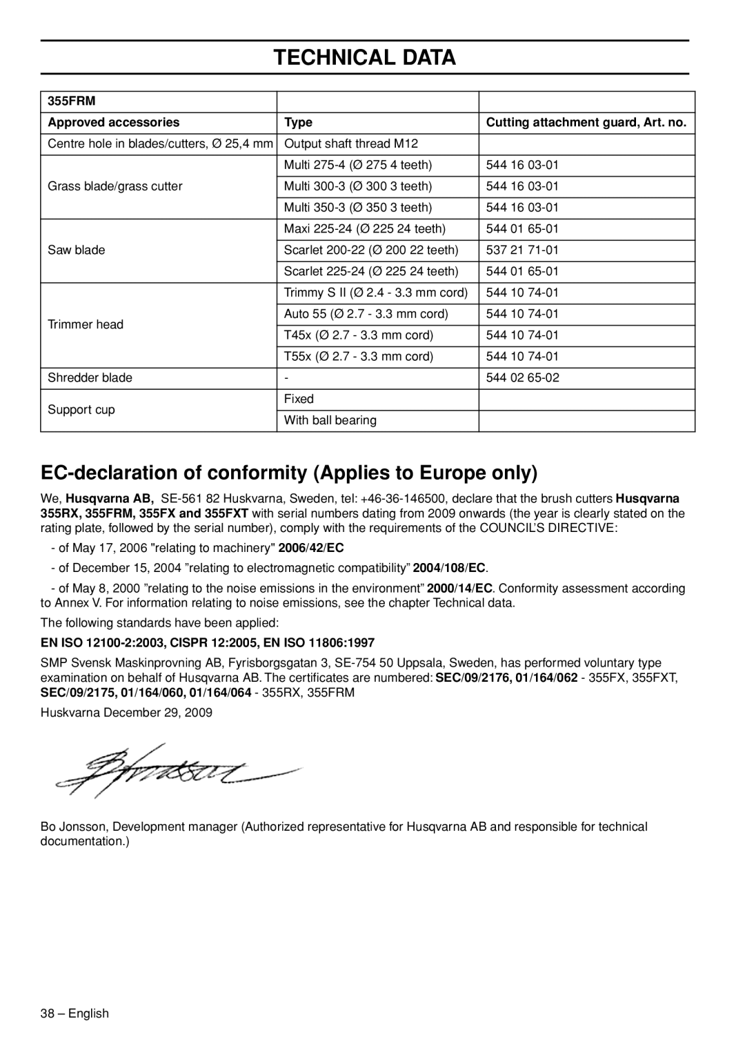 Husqvarna 355RX, 355FXT, 355FRM manual EC-declaration of conformity Applies to Europe only 