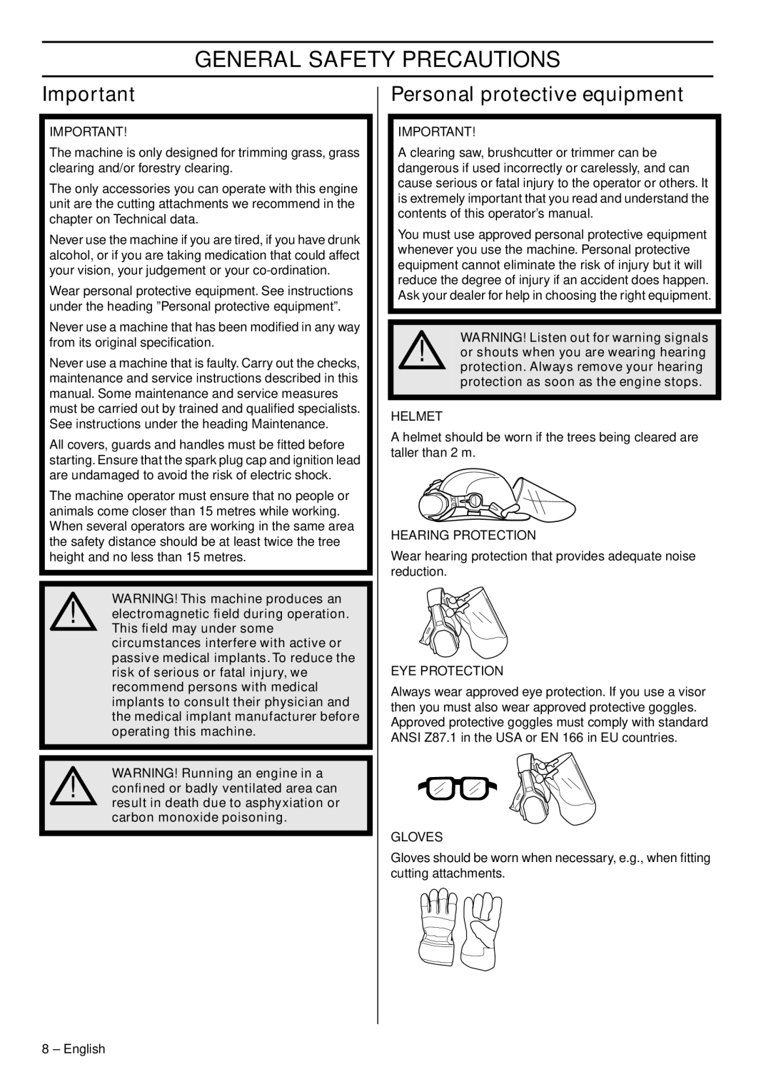 Husqvarna 355RX, 355FXT, 355FRM manual General Safety Precautions, Personal protective equipment 