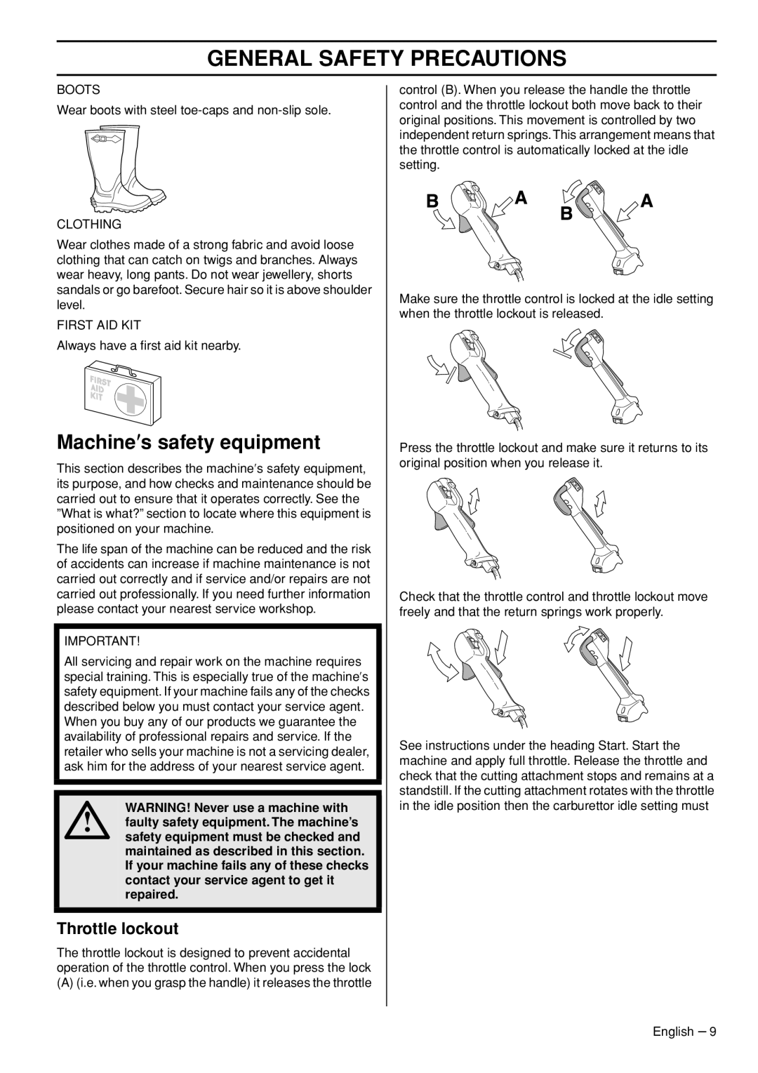 Husqvarna 355FXT, 355RX, 355FRM manual Machine′s safety equipment, Throttle lockout 