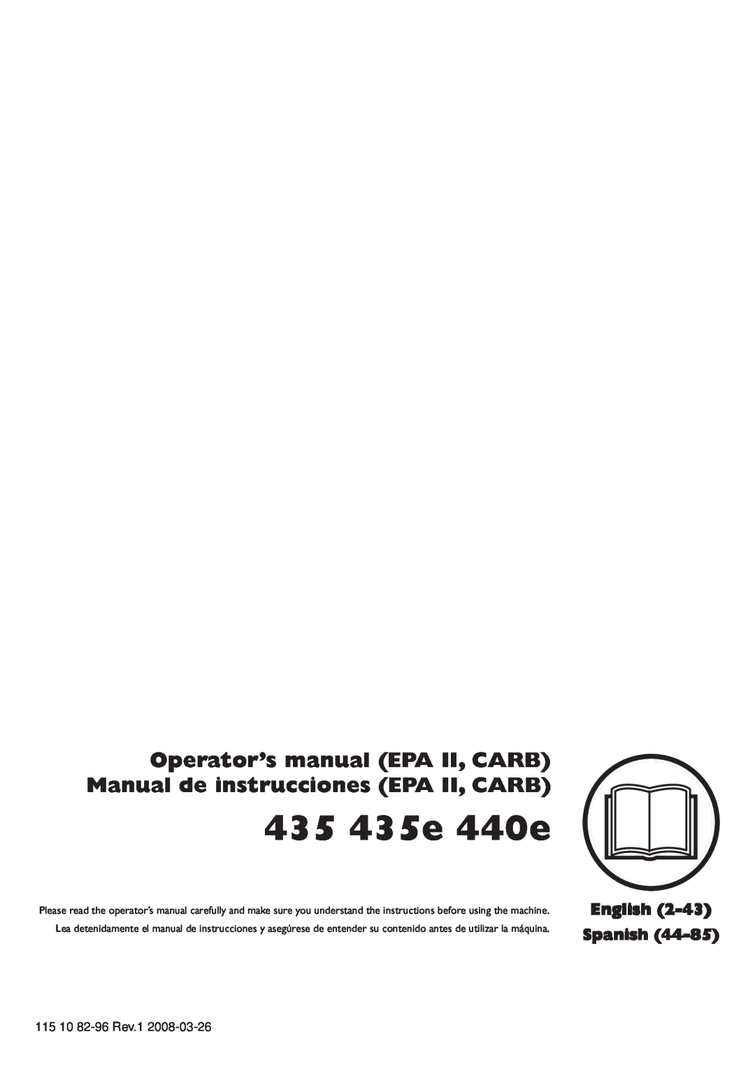 Husqvarna 355FXT, 355RX, 355FRM manual 435 435e 440e, Operator’s manual EPA II, CARB Manual de instrucciones EPA II, CARB 