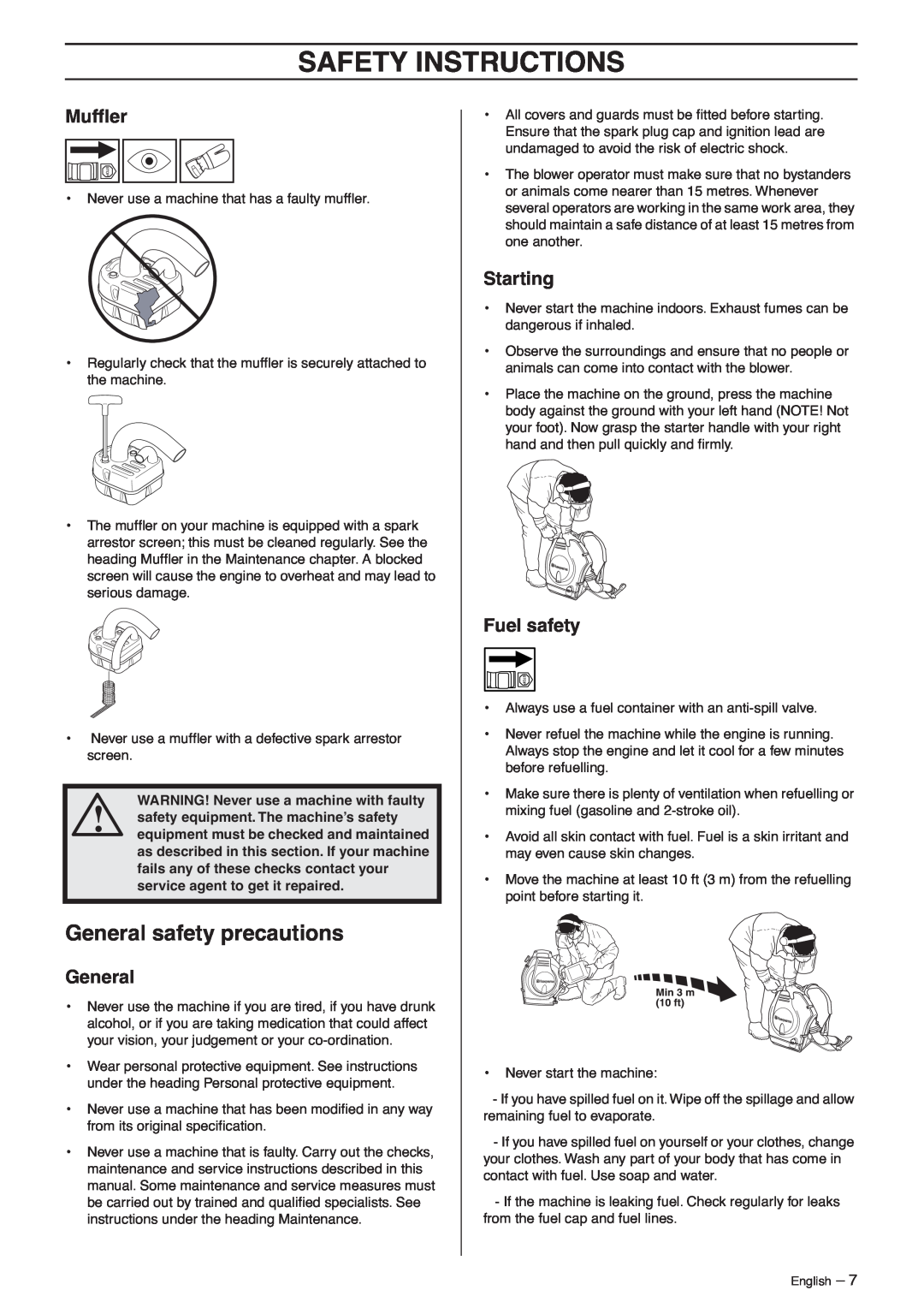 Husqvarna 356 BT X-series, 356BF X-series General safety precautions, Starting, Fuel safety, Safety Instructions, Mufﬂer 