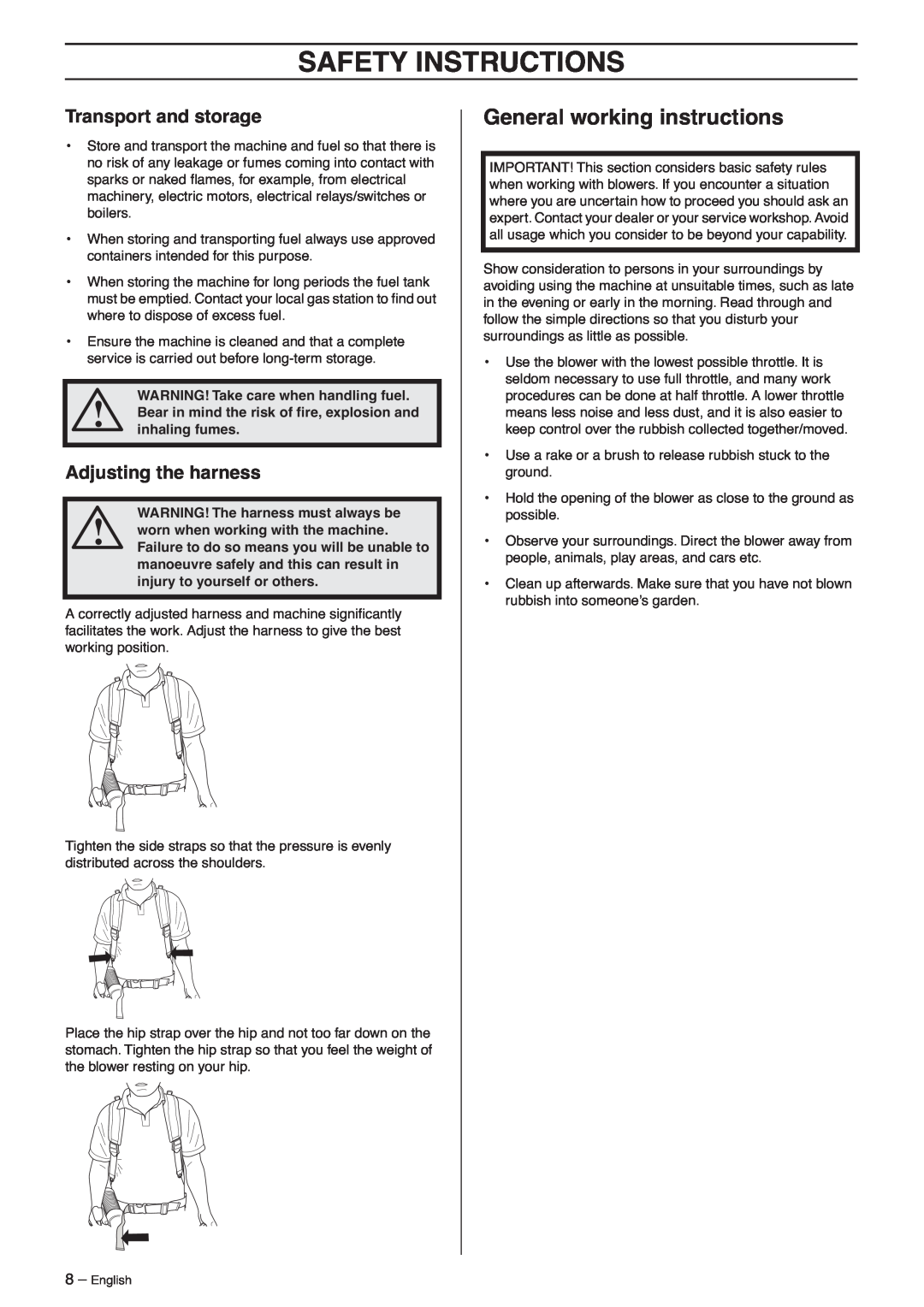 Husqvarna 356BF X-series General working instructions, Transport and storage, Adjusting the harness, Safety Instructions 