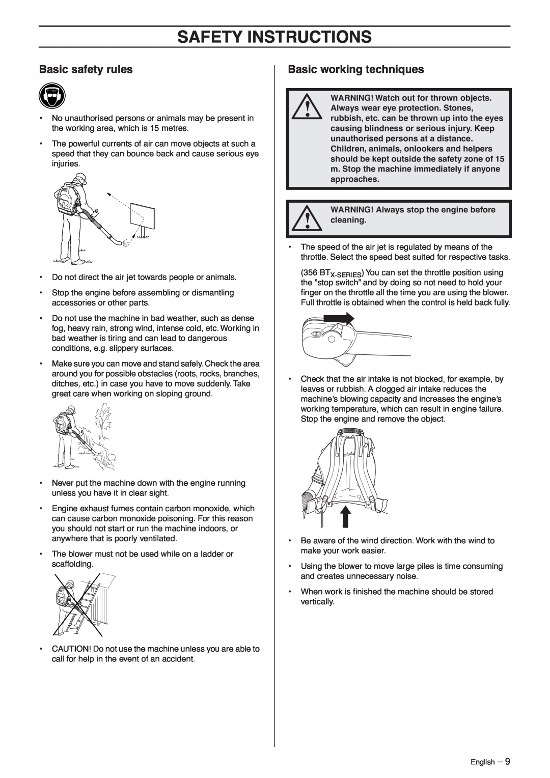 Husqvarna 356 BT X-series, 356BF X-series manual Basic safety rules, Basic working techniques, Safety Instructions 