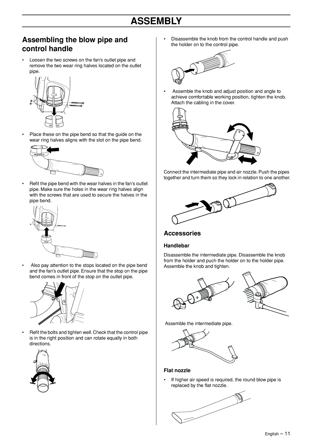 Husqvarna 356BFX manual Assembly, Assembling the blow pipe and control handle, Accessories 