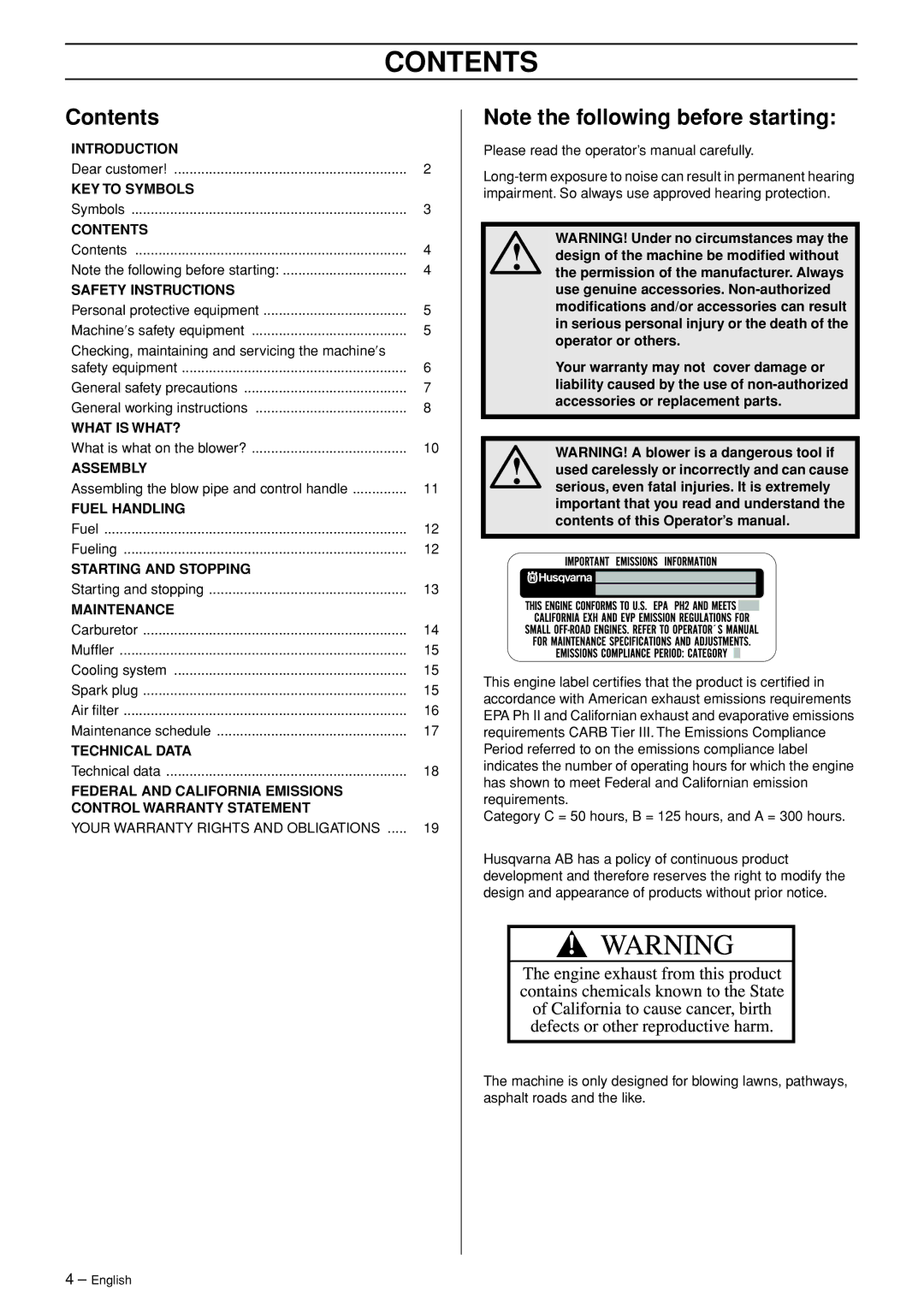 Husqvarna 356BFX manual Contents 