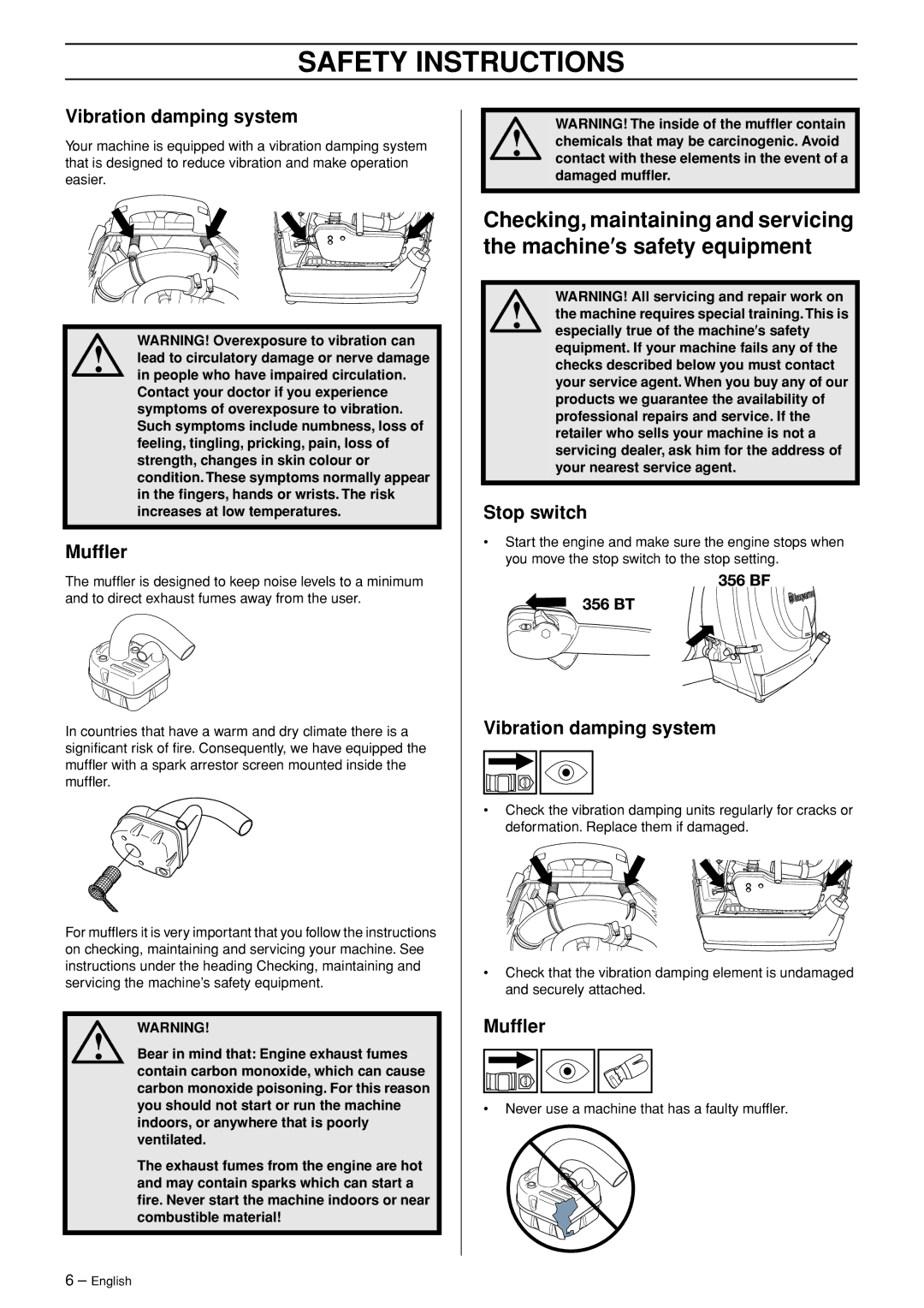 Husqvarna 356BFX manual Vibration damping system, Mufﬂer 