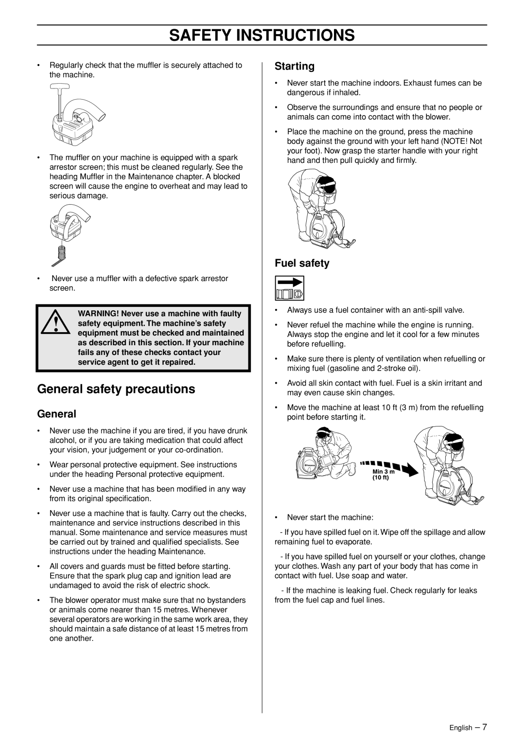 Husqvarna 356BFX manual General safety precautions, Starting, Fuel safety 